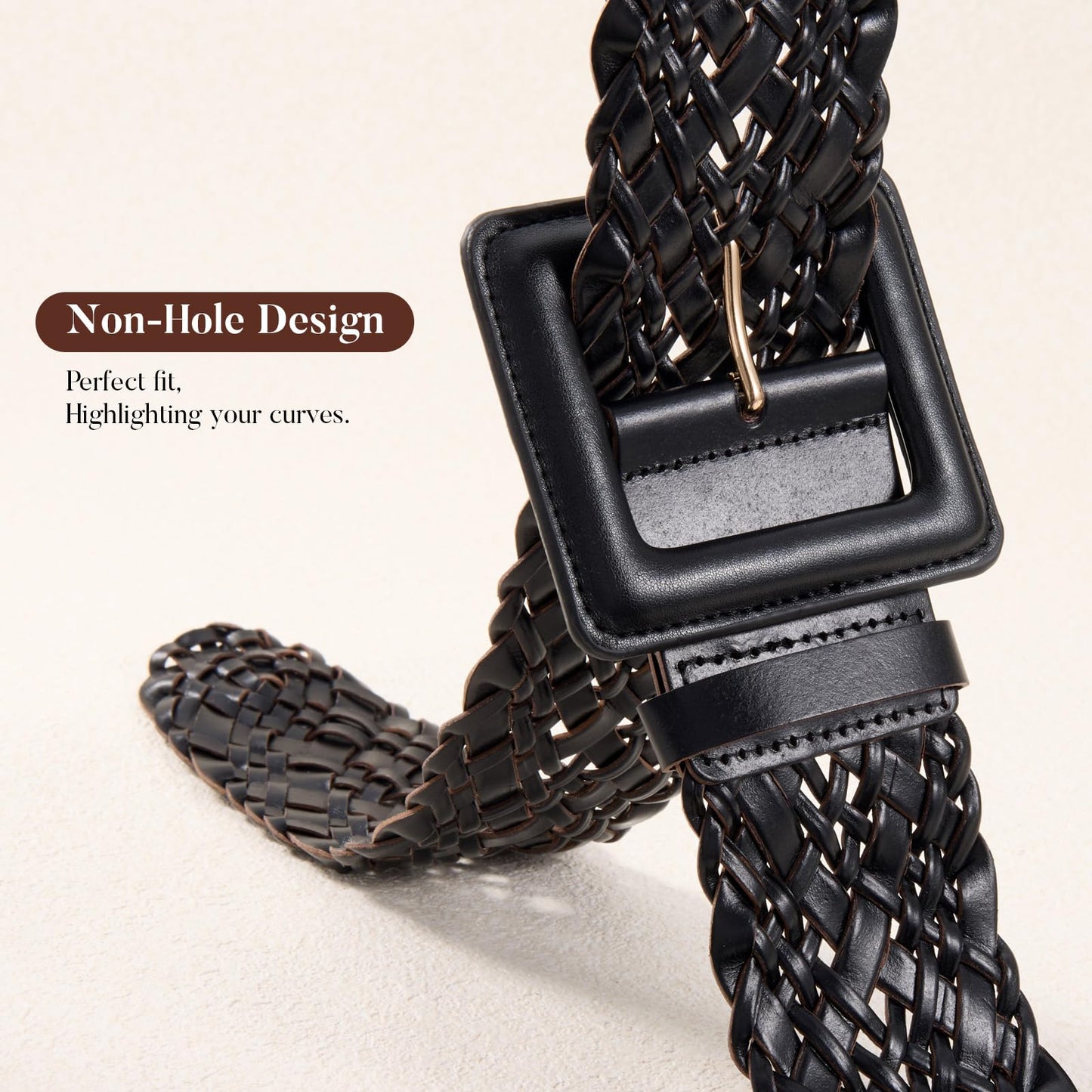 XZQTIVE Women Wide Belt for Dresses Fashion Thick Braided Leather Belts with Square Buckle, Woven Waistband for Ladies, Black(Fit Waist Size Below 31'')