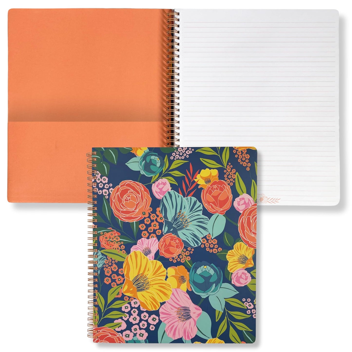 Steel Mill & Co Cute Large Spiral Notebook College Ruled, 11" x 9.5" with Durable Hardcover and 160 Lined Pages, Garden Blooms (Navy)