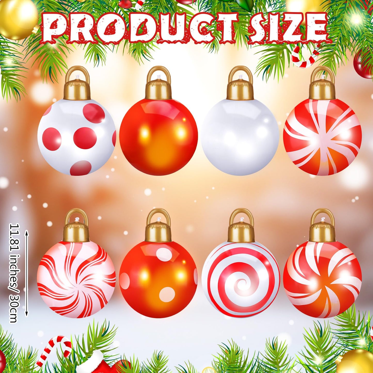 Jetec 8 Pcs 12 Inches Light Up Inflatable Christmas Balls Large Inflatable Christmas Balls PVC Giant Christmas Ornaments Oversized Christmas Balls for Holiday Garden Lawn Porch Tree