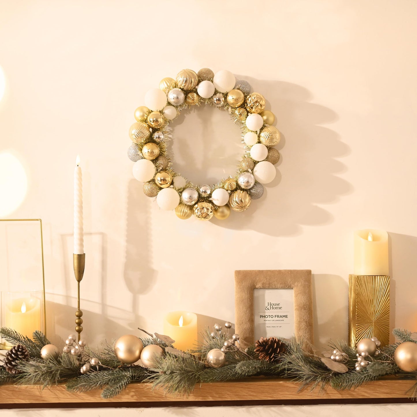 Valery Madelyn Pre-Lit Christmas Ball Wreath for Front Door with Lights, 13'' Lighted Battery Operates Christmas Door Wreath with White Gold Xmas Balls for Home Fireplace Window Table Indoor Decor