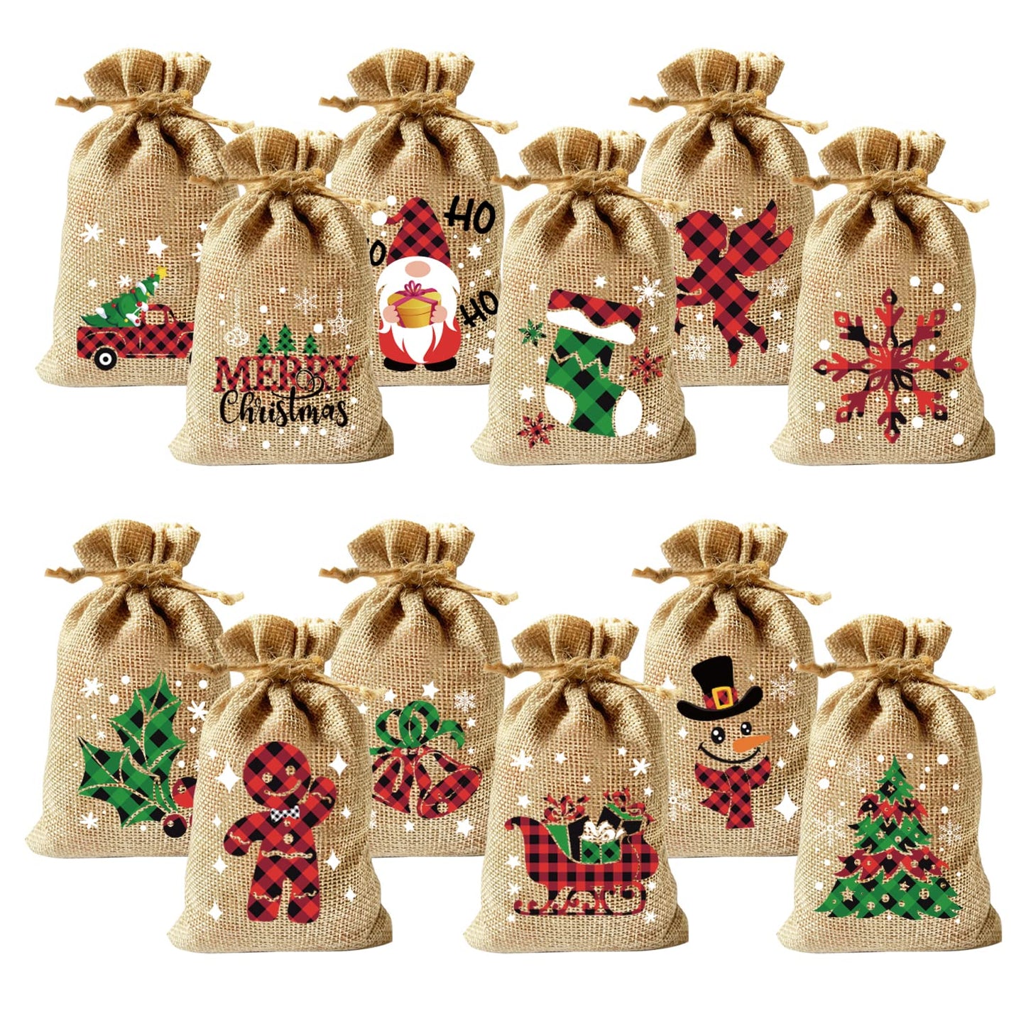 CCINEE 36pcs Christmas Burlap Bags, 4×6 Inch Drawstrings Christmas Linen Goody Gift Candy Bags with Double Jute Drawstrings for Candy Wrapper Xmas Party Favors