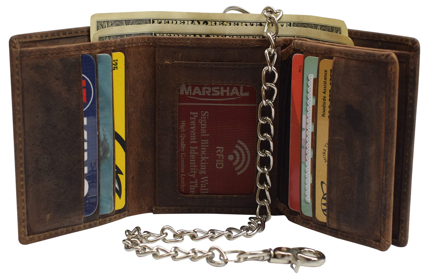 RFID Blocking Mens Chain Biker Vintage Genuine Leather Classic Trifold Wallet (Brown with Chain)