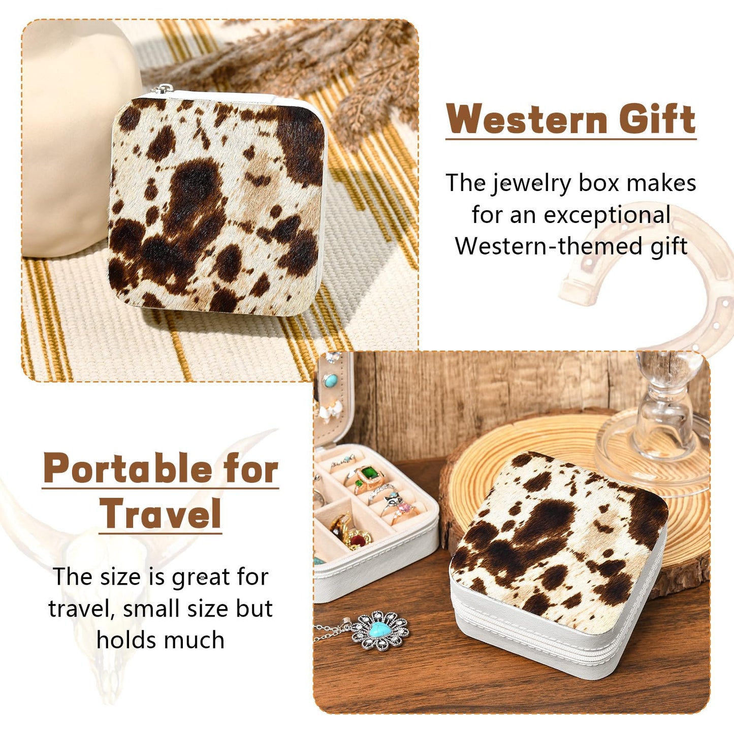 DEEKA Western Jewelry Box Case Real Leather Cow Print Cowhide Tooled Travel Jewelry Organizer Gifts Christmas Gifts for Women Country Girls Cowgirl Stuff Portable Travel Accessories -Brown
