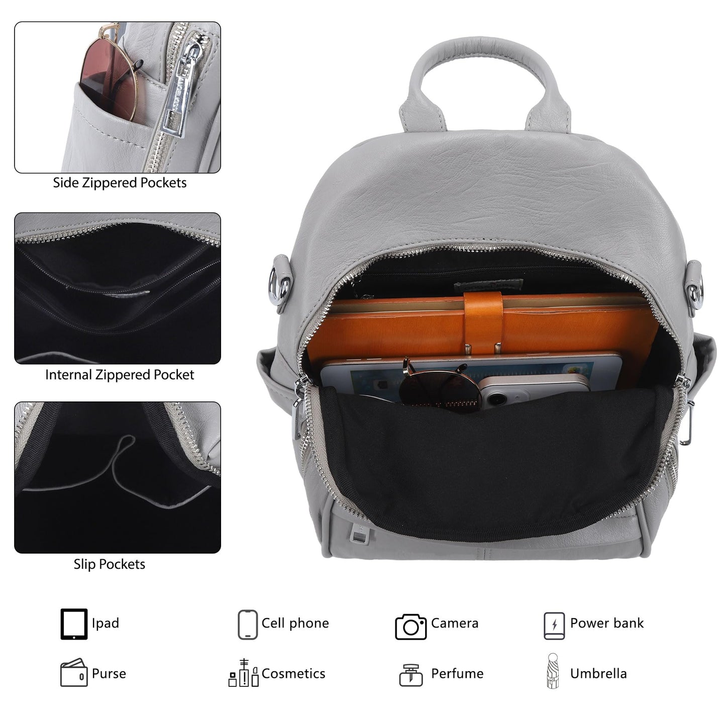 Angel Kiss Small Backpack Purse for Women,Soft Vegan Leather Roomy Backpacks,Designer Ladies Shoulder Backpack Fashion Handbag with Removable Strap,Grey