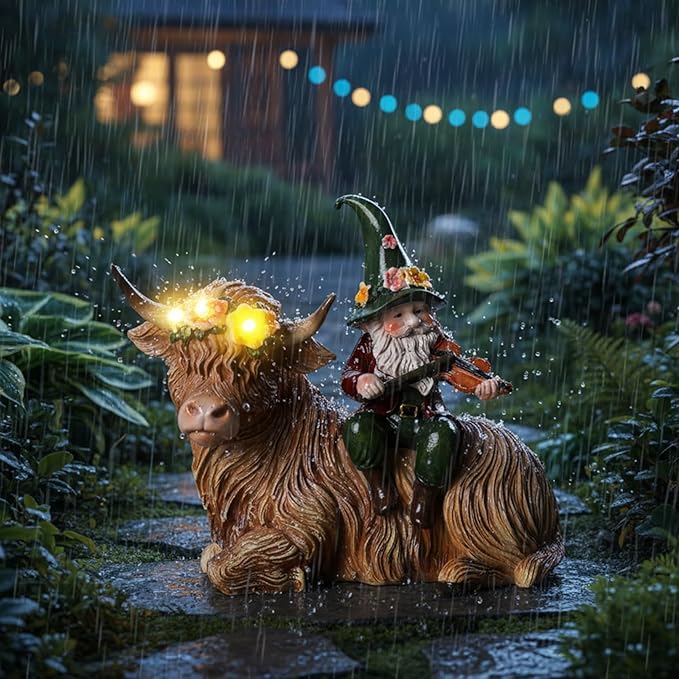 Solar Highland Cow Figurines for Garden with Gnome Playing the Violin 6.7"Resin Garden Gnomes Outdoor Patio Yard Lawn Porch Decor Birthday Housewarming Gifts for Women Mom Grandma Wife Sister Friend