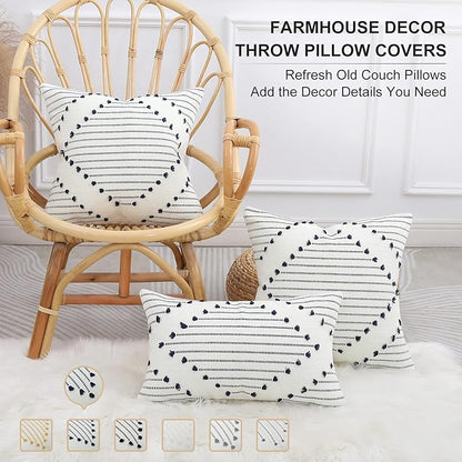 Mecatny Boho Outdoor Throw Pillow Covers 20X20 Set of 2, Farmhouse Decorative Pillow Covers for Couch Sofa Living Room, Navy & Cream White