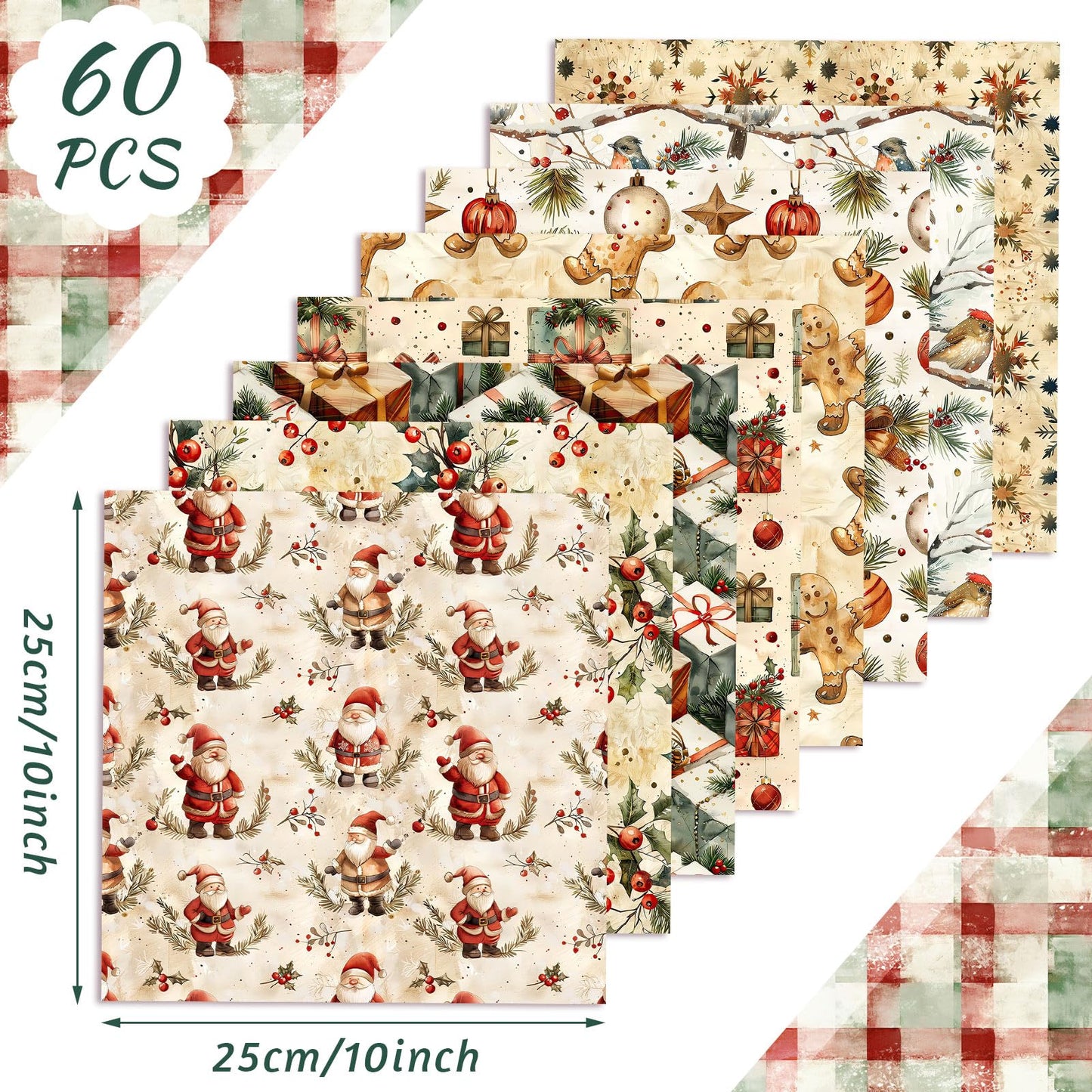 FuWeave 60 Pcs 10 x 10 Inch Vintage Christmas Quilting Fabric Christmas Fat Squares Patchwork Precut Gingerbread Man Santa Snowman Fabric Bundles for Xmas Winter Quilting Crafting DIY Craft Sewing