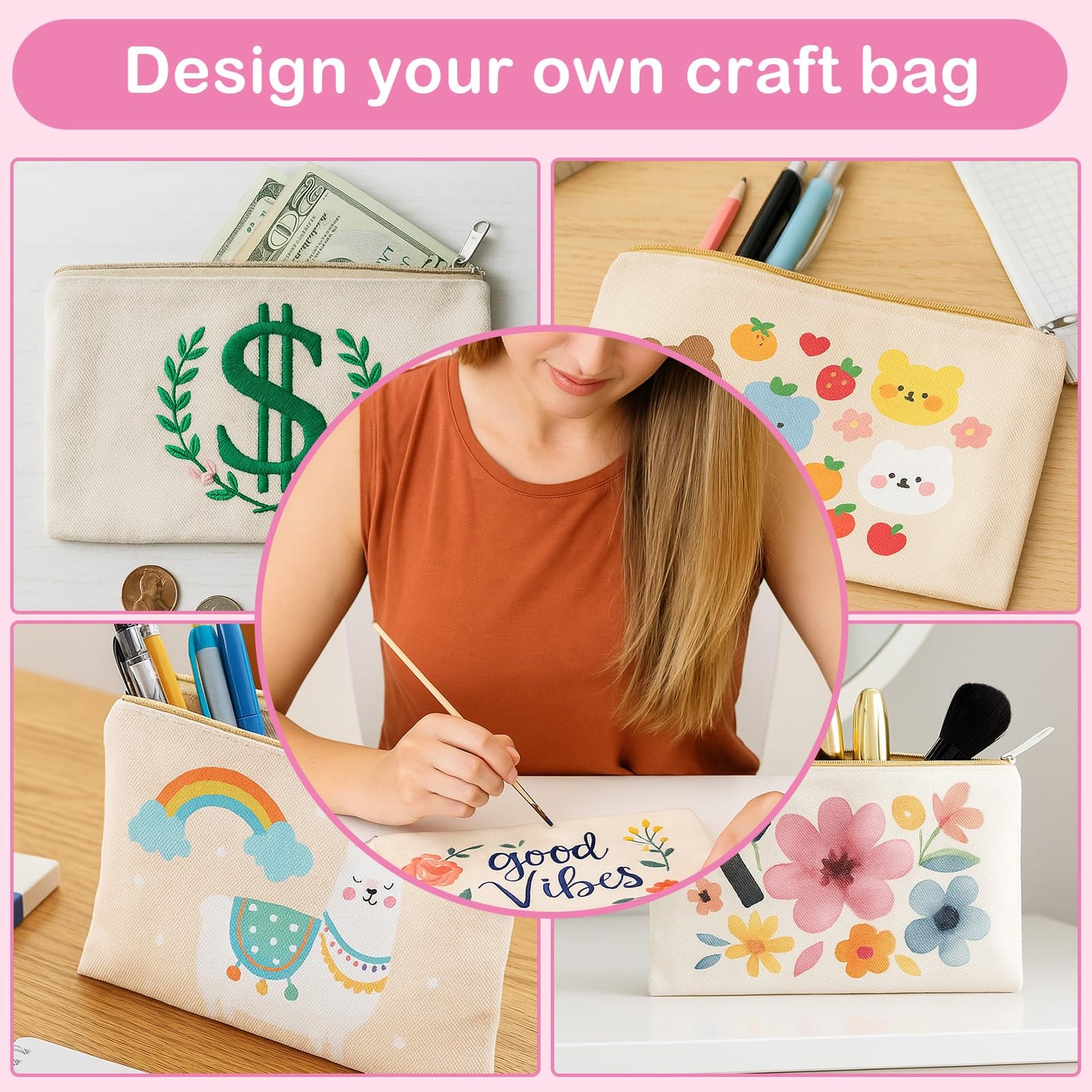 meekoo 16 Pack Blank Canvas Pouch Zipper Cosmetic Bag Bulk Plain Makeup Pouch Purse Sublimation DIY Craft Multipurpose Travel Toiletry Bag for Makeup Cosmetic Stationary Storage(L,Beige)