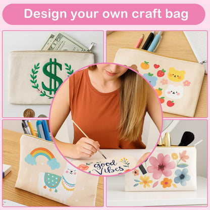 meekoo 16 Pack Blank Canvas Pouch Zipper Cosmetic Bag Bulk Plain Makeup Pouch Purse Sublimation DIY Craft Multipurpose Travel Toiletry Bag for Makeup Cosmetic Stationary Storage(L,Beige)