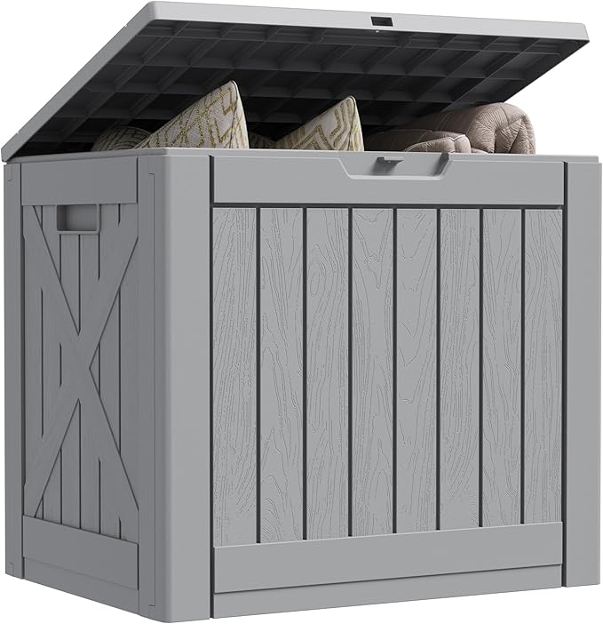 Greesum 40 Gallon Outdoor Deck Box, Resin Storage for Patio Furniture, Garden Tools, Pool Supplies, Weatherproof and UV Resistant, Lockable, Gray