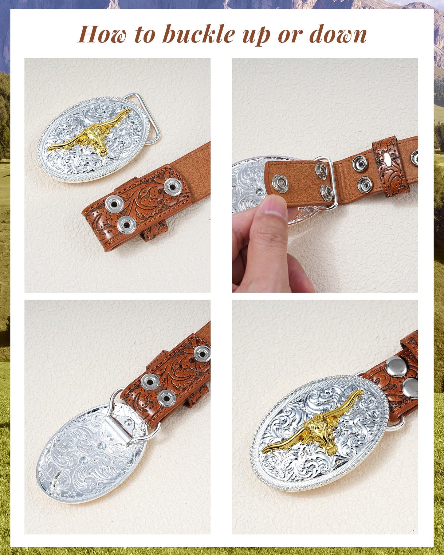 Kajeer Kids Western Belt for Boys Girls, Cowboy Genuine Leather Embossed Western Longhorn Bull Buckle Belts for Jeans (Cow Buckle- brown, for Wasit 21"-26")