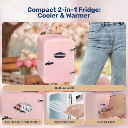 YSSOA 4L Mini Fridge with Observation Window, Portable Warmer & Cooler Six 12oz Cans Compact Refrigerator, 100% Eco Friendly and Freon-Free, Pink