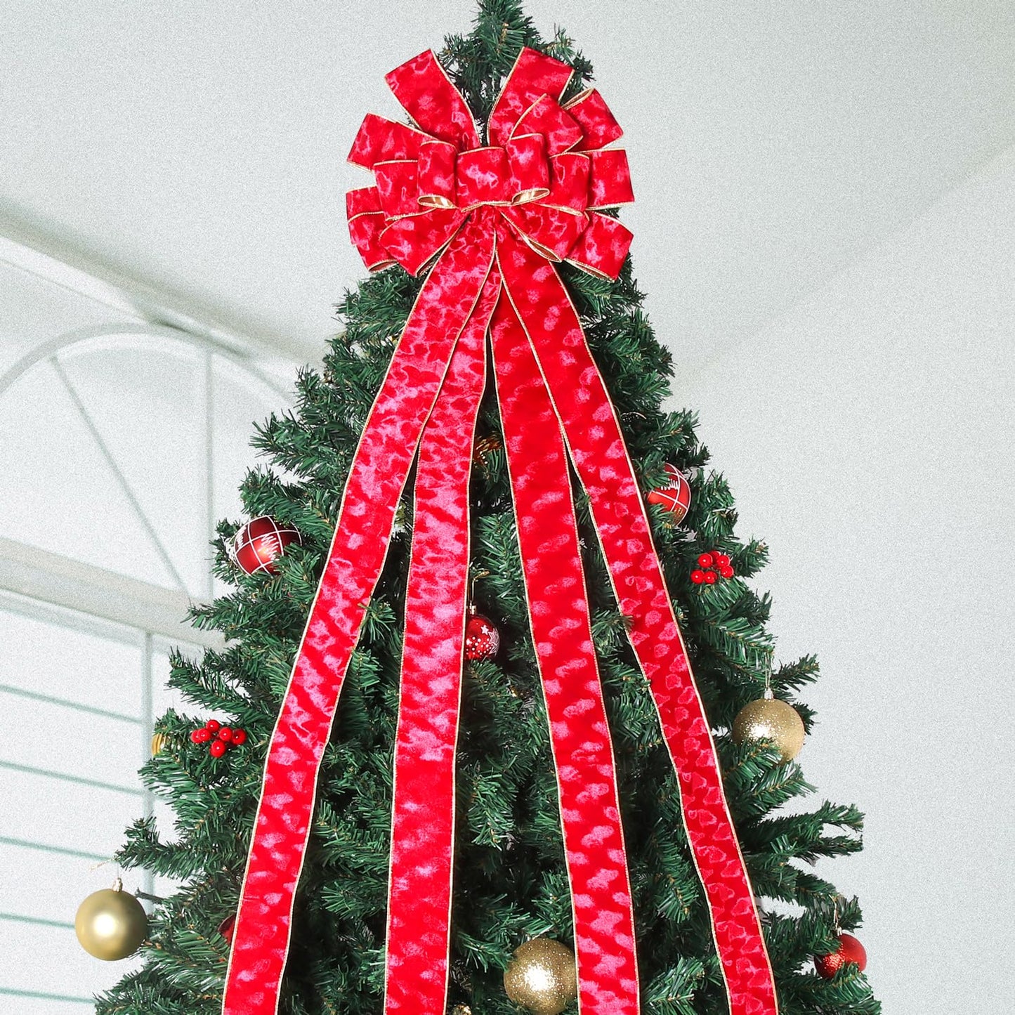 Christmas Tree Topper Christmas Wreath Bow, 52 * 13 inches Tree Toppers Bow with Grinding Ring Patterned Velvet Ribbon for Xmas Tree Christmas Rustic Farmhouse Home Holiday Party Decorations Red