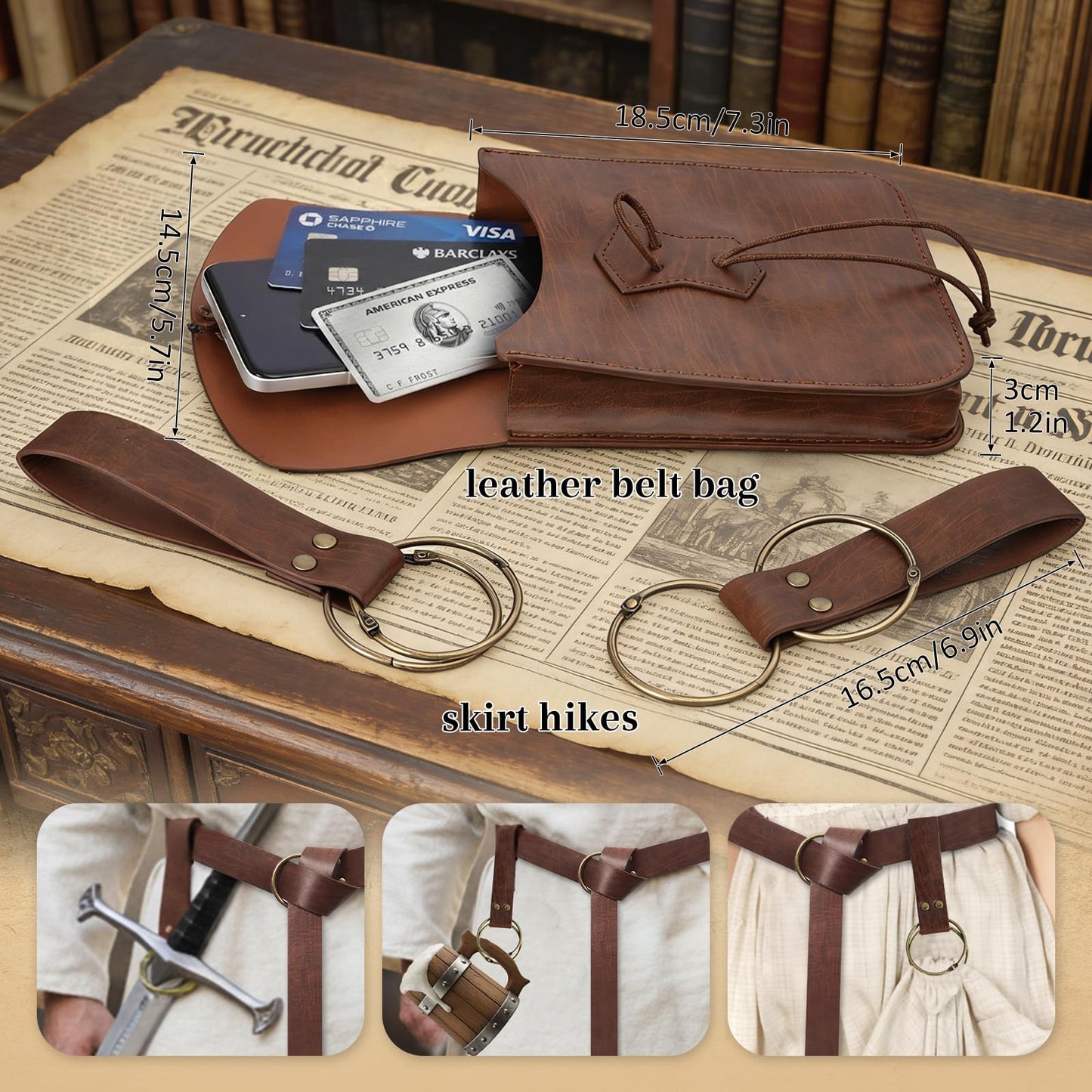 Renaissance Belt Pouch Medieval Pirate Costume Accessories - Viking Faux Leather Waist Bag with Skirt Hikes for Cosplay LARP (Brown)