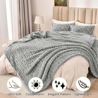 PHF Fluffy Sherpa Blanket King Size for Winter, Warm and Soft, 510GSM 3D Jacquard Thick Shaggy Fleece Plush Blanket for Sofa Bed, Grey, 108"x90"