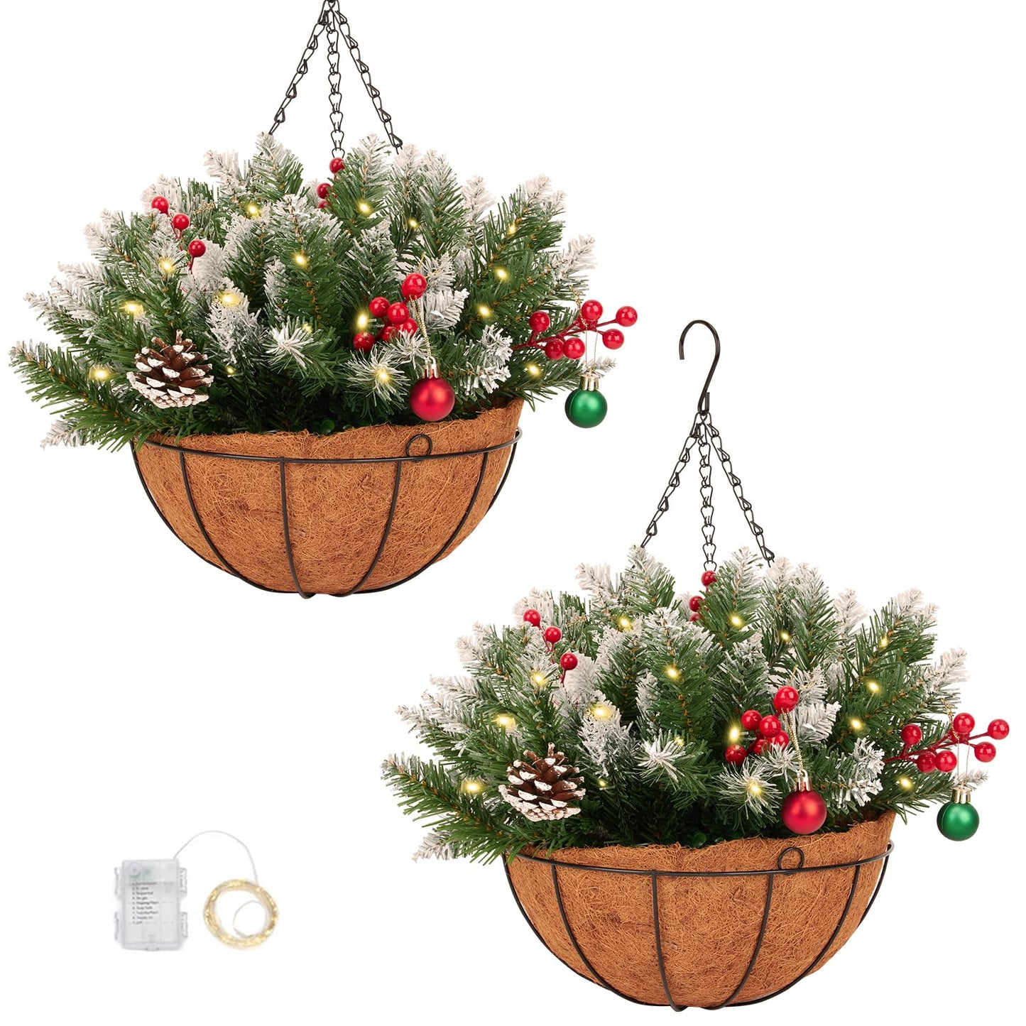 XUESON Artificial Christmas Hanging Basket with Pine Cones, Berries, and Snowflakes - Realistic Holiday Decor for Porch, Door, Home 20 Inch (2PCS)