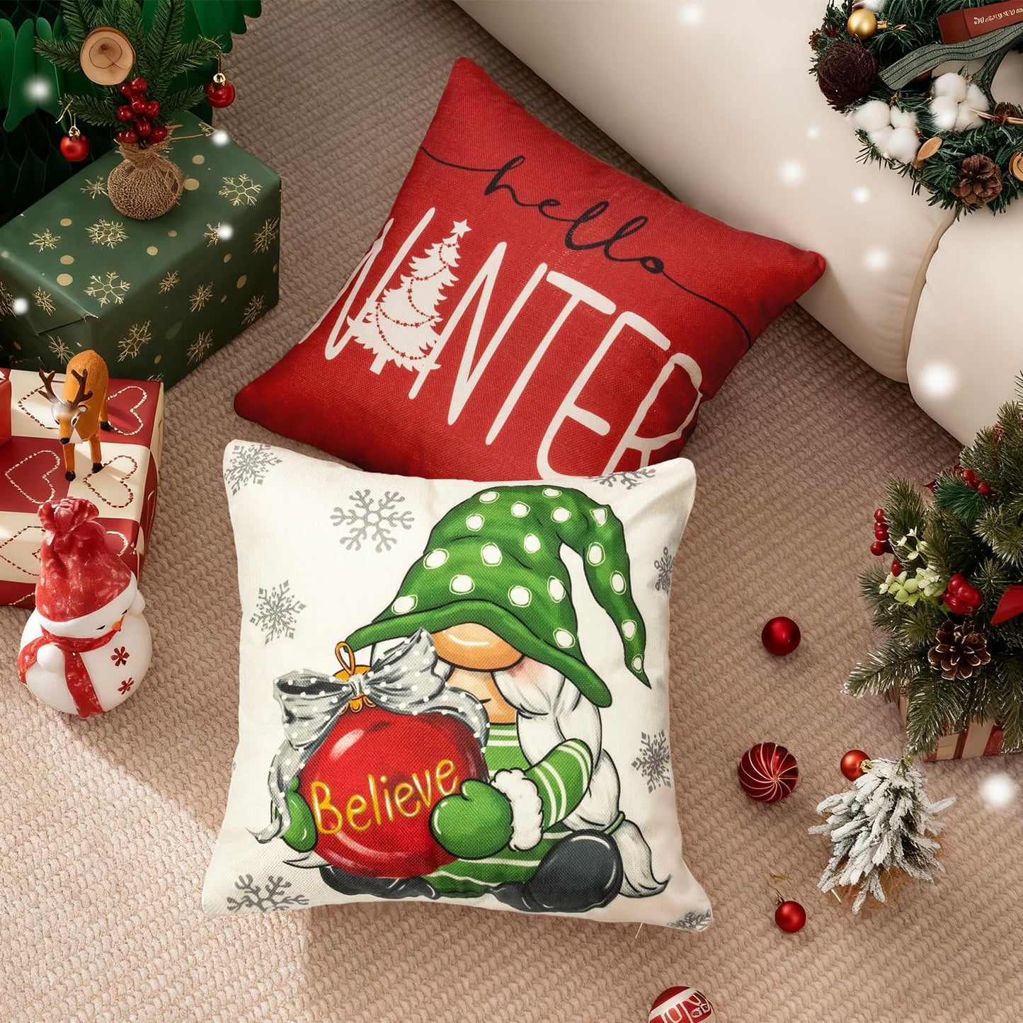 Aursaos Merry Christmas Hello Winter Holiday Pillow Covers 18x18 Set of 4, Red Gnome Green Tree Snowflake Decorative Throw Pillow Case for Couch Sofa Living Room