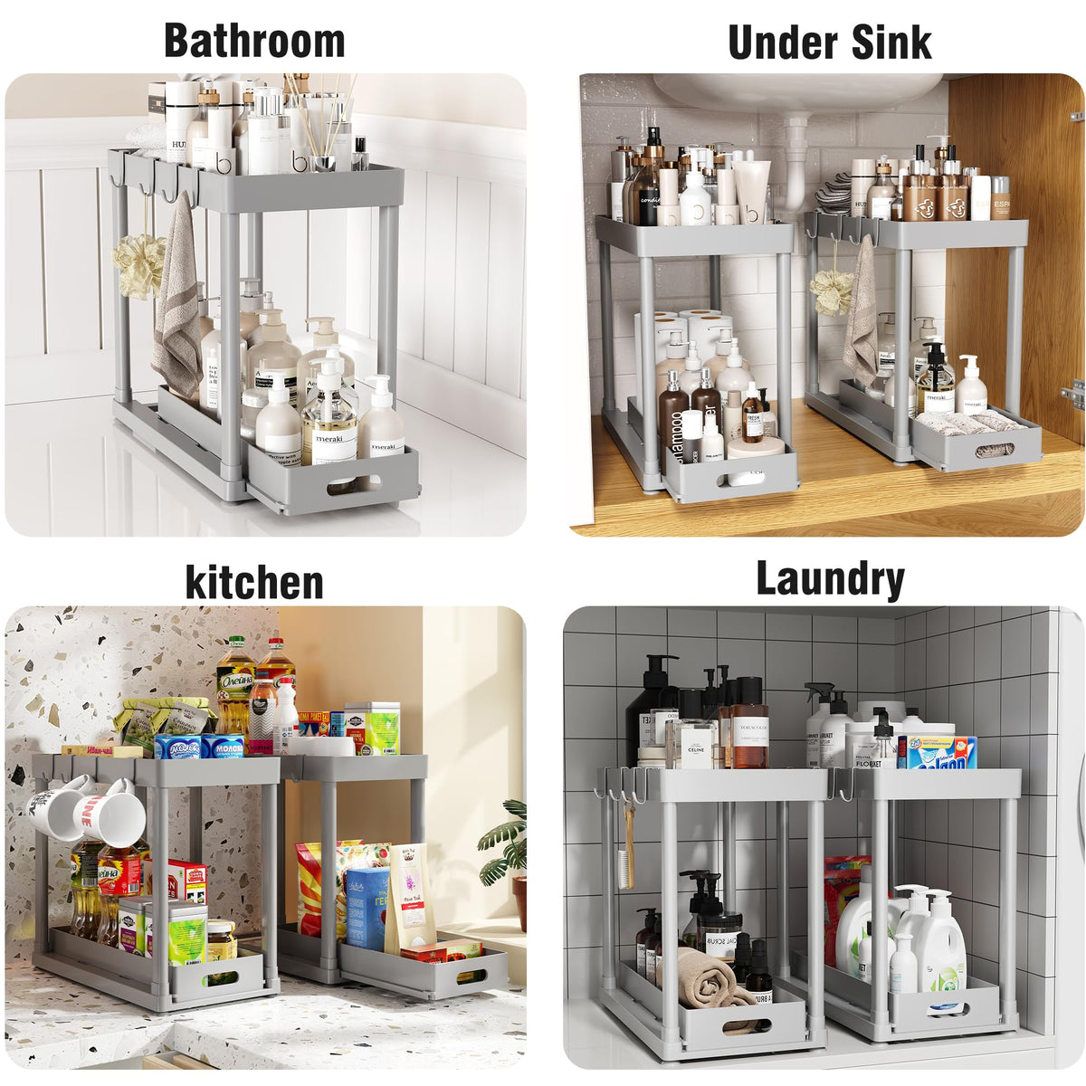 2PC Under Sink Organizer Rack 2 Tier Under Sliding Cabinet Basket Organizer Drawer with 4 Hooks, Multi-purpose Under Sink Storage for Bathroom Kitchen Desktop（Black）