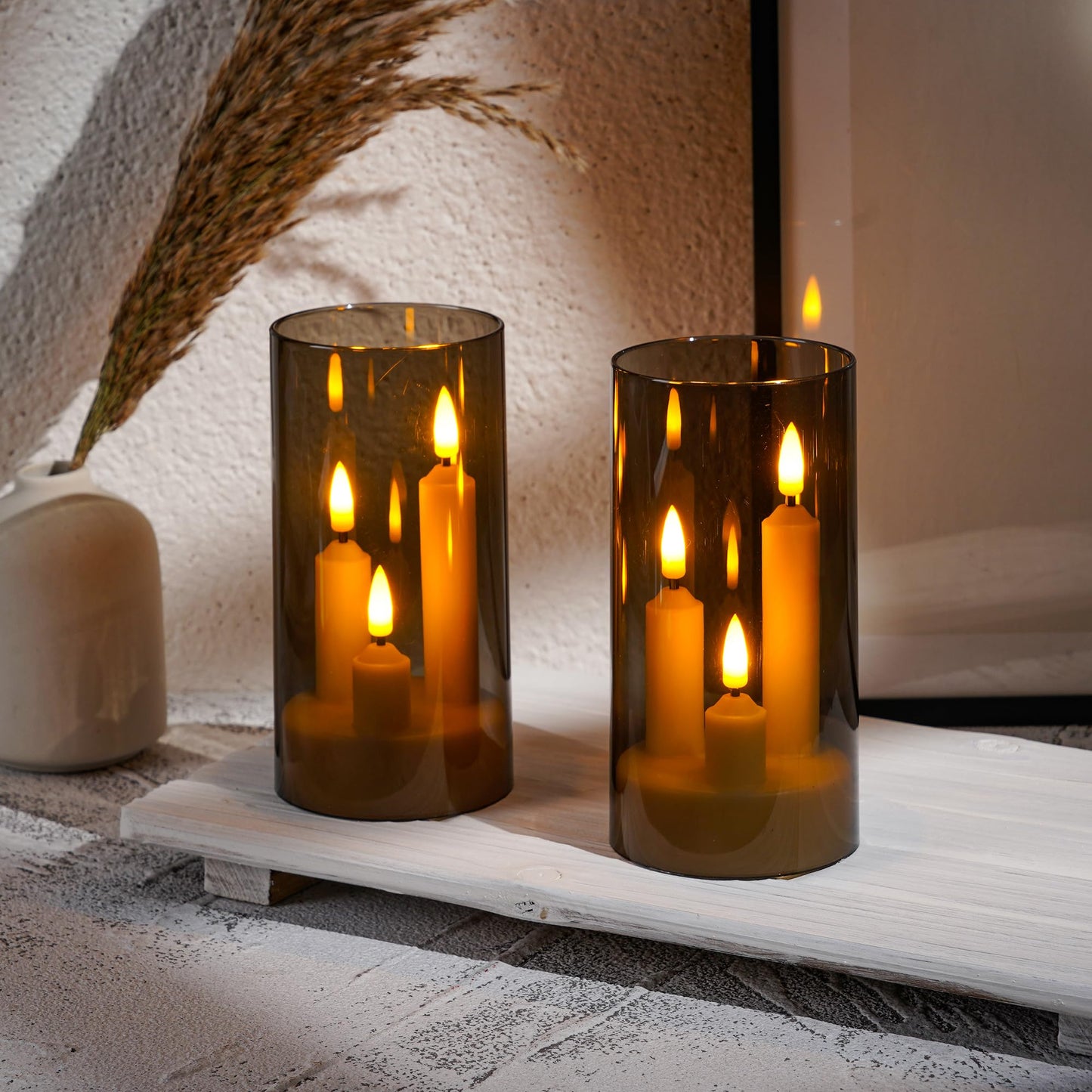 2 Pack 3D Wick Flameless Taper Candles, Gray Transparent Acrylic Cover LED Flickering Candle Lights, Remote Control Battery Operated Electric Candles for Home Wedding Christmas Party Table Decor.