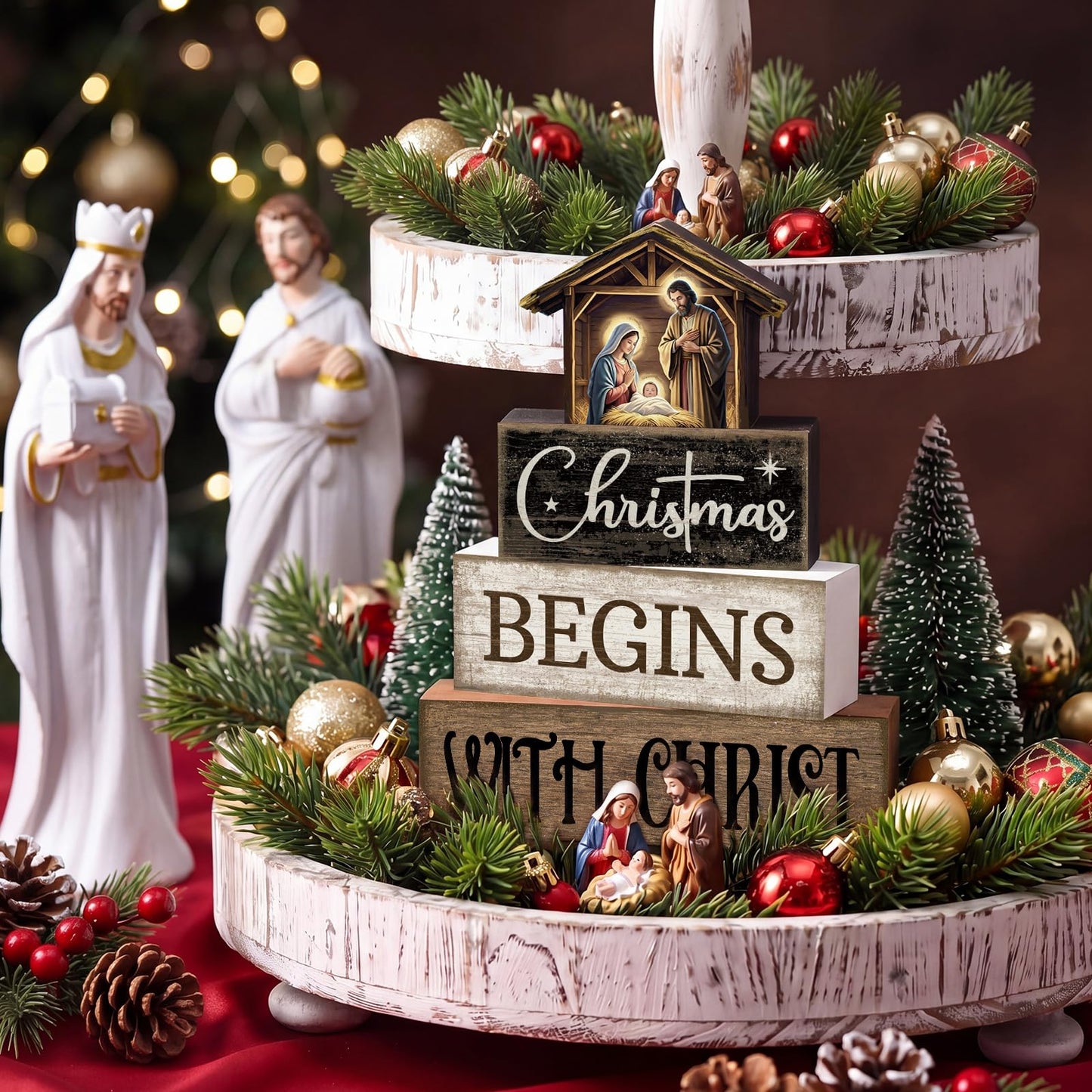 Moucuny 4 Pcs Christmas Table Decoration Christian Wooden Stacked Block Decor, Christmas Begins with Christ Signs with Nativity Scene Topper, Rustic Religious Xmas Tiered Tray Decor for Home Church