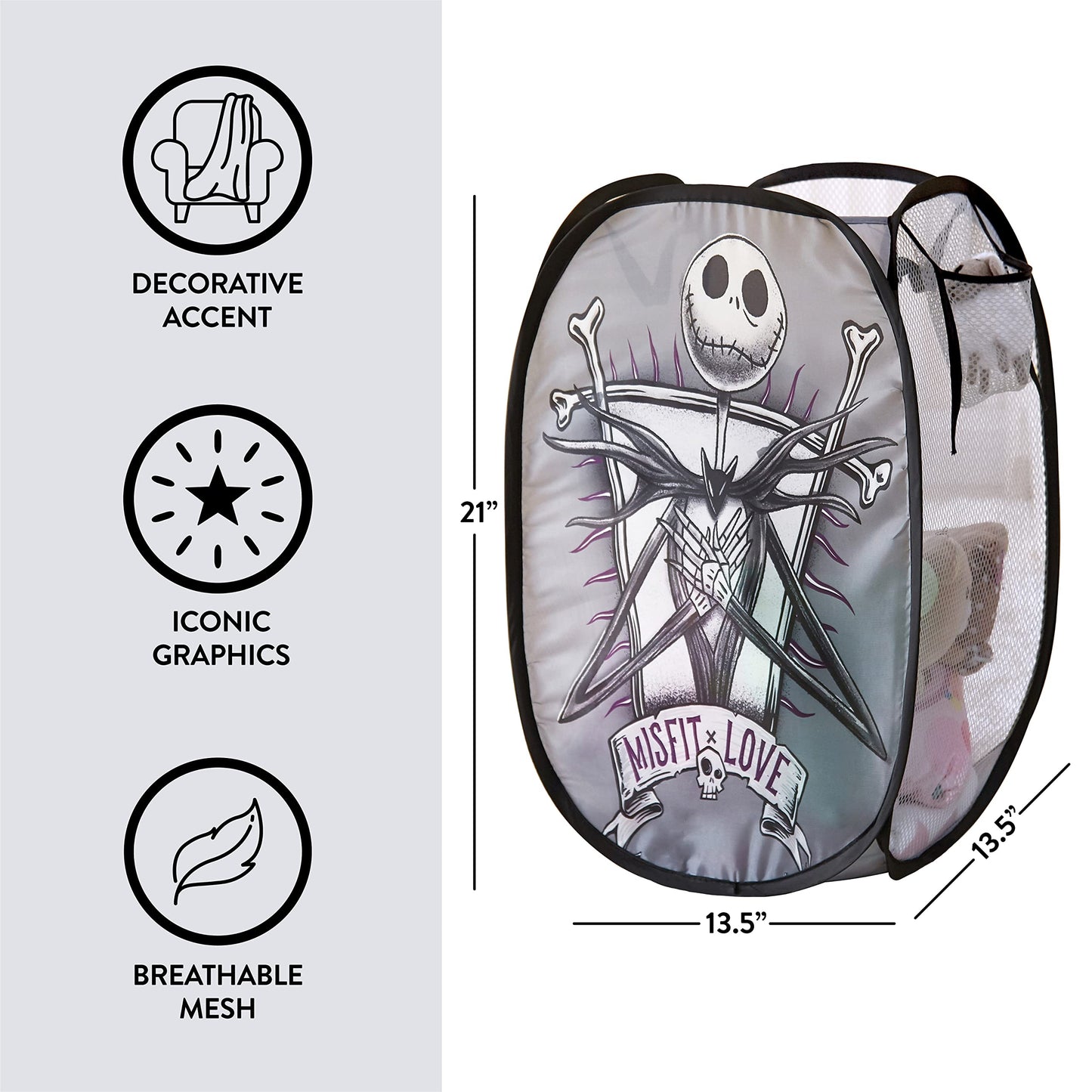Idea Nuova Disney Nightmare Before Christmas Pop Up Laundry Storage Hamper with Durable Carry Handles, 21" H x 13.5" W X 13.5" L