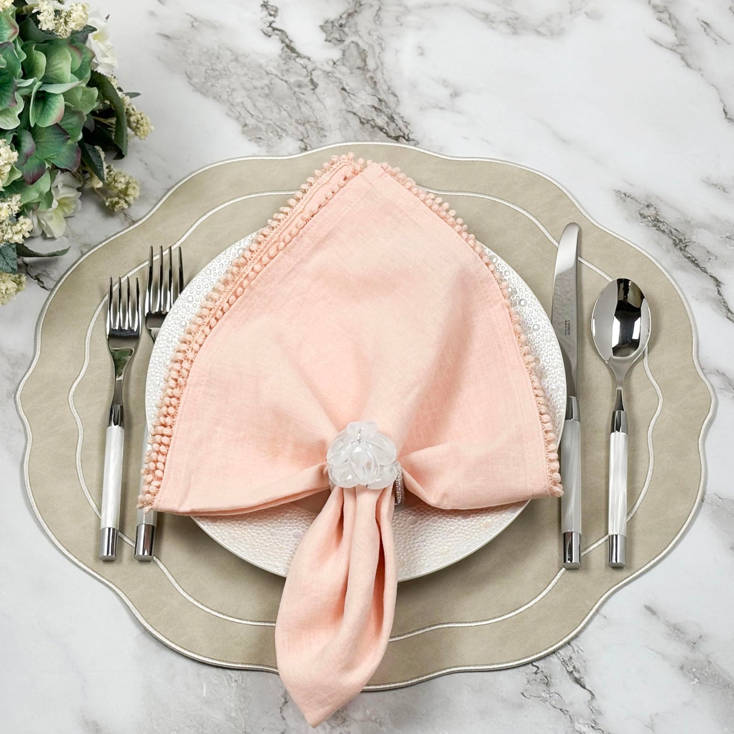 Bryonia Embroidered Scalloped Faux Leather Placemats Set of 4 - Earth Tone, Soft, Wipeable Luxury Dinner Table Mats for Dining & Wedding, 17.25" x 15", Ivory