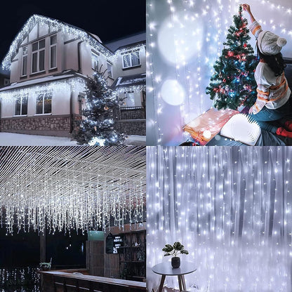 KiflyTooin Solar Christmas Lights Outdoor Waterproof Christmas Decorations Curtain Lights 320LED 29.5ft 60 Drops, Solar Powered Rechargeable Fairy Lights for Party, Wedding, Home Decorations(White)