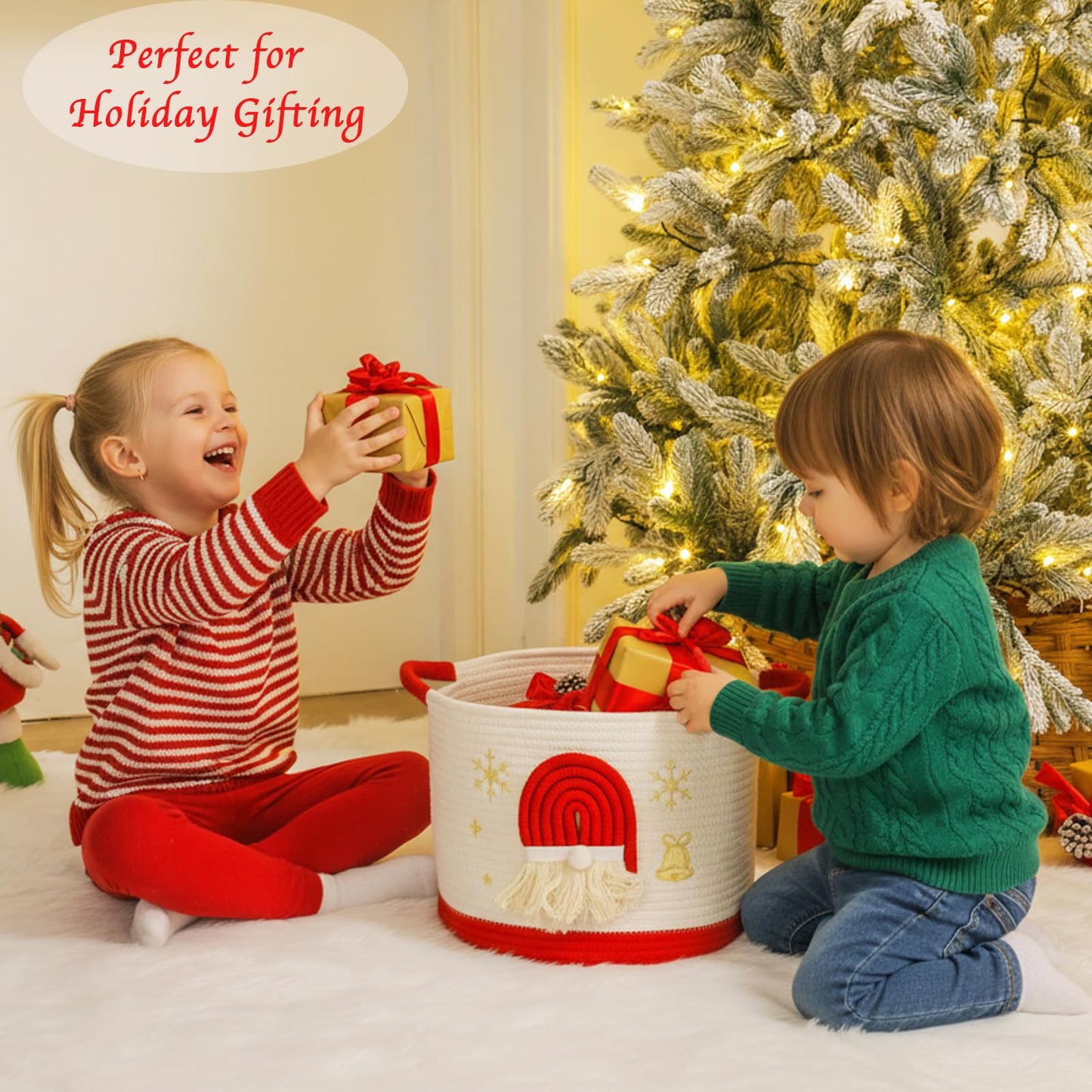 Christmas Basket Cotton Rope Blanket Storage Basket Large Christmas Buckets with Red Handle, Laundry Baskets with 3D Santa Claus Raffle Basket Holiday Baskets Empty for Gifts Decorative Winter Baskets