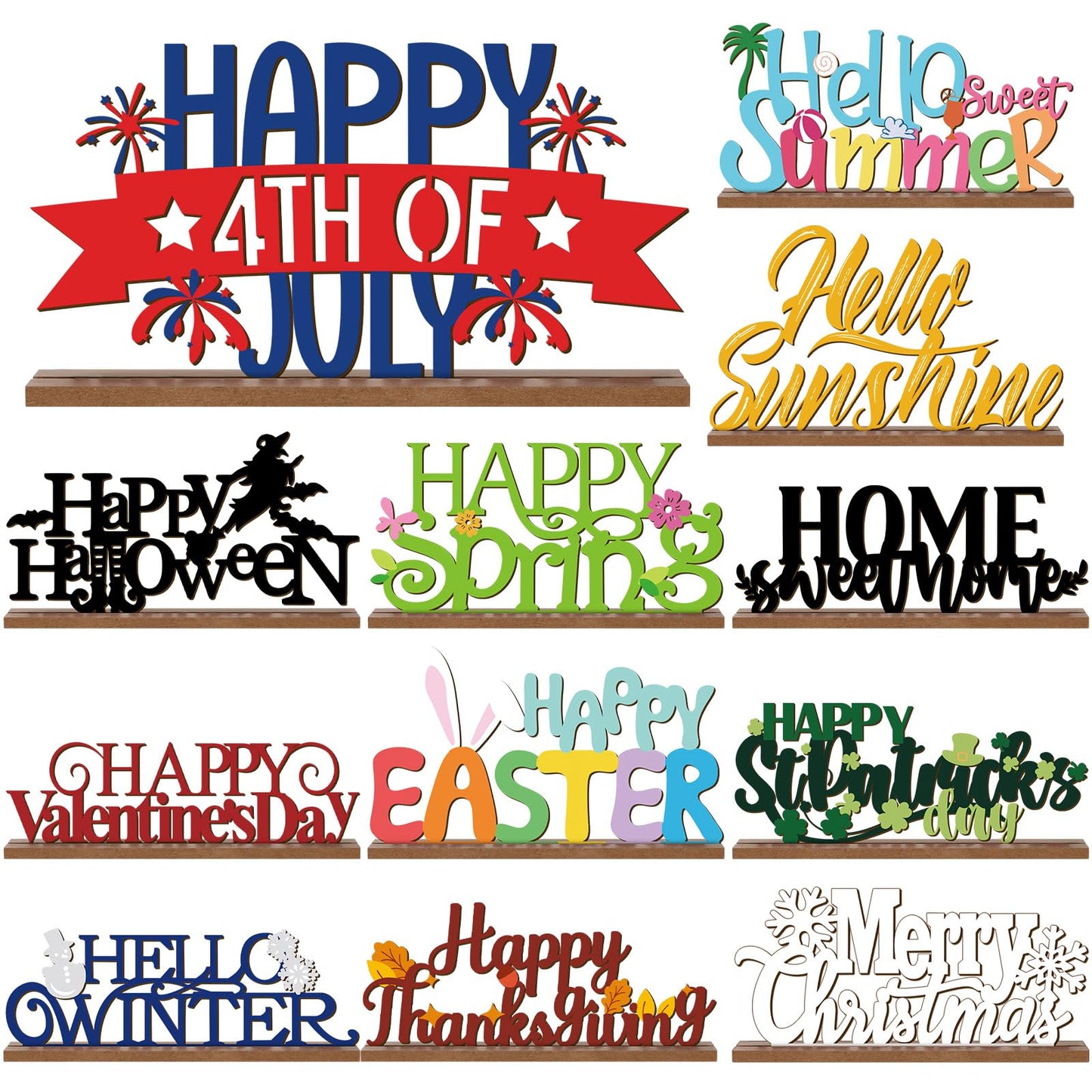 12 Pcs Interchangeable Seasonal Decor Holiday Sign Wooden Desk Table Decor for Office Home Rustic Farmhouse Multiple Holiday Sign with Wooden Base Tiered Tray Tabletop Mantel Easter Welcome Signs