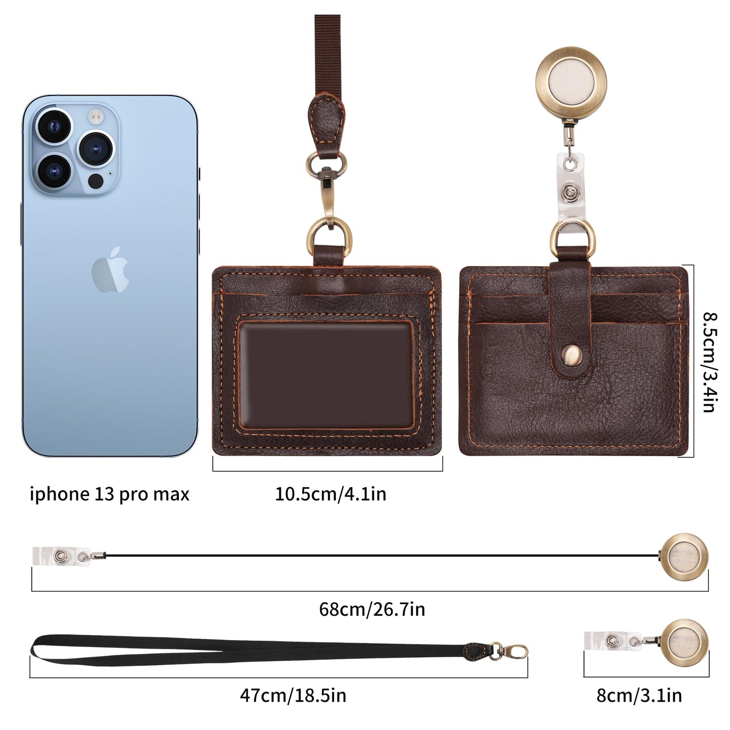 Wonderpool Leather Horizontal Badge Holder with Detachable Neck Lanyard and Retractable Badge Reel Clip, Card Slots Case ID Card Holder for ID Badges Card and Driver Licence (Coffee)