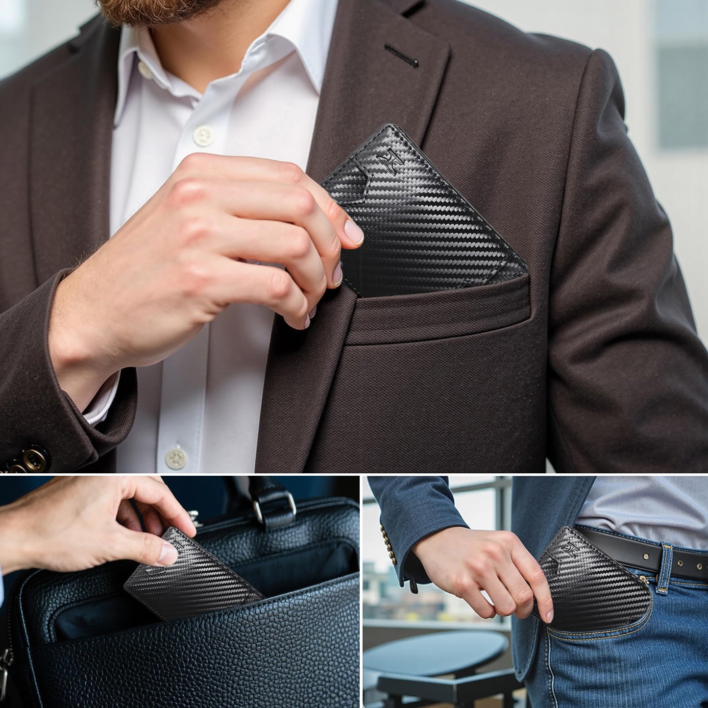 TOPFORGES RFID Wallet for Men with Money Clip (Removable) Slim Mens Wallet Carbon Fiber Front Pocket Minimalist Cash Card Holder Fits 11 Cards ID Window Includes Gift Box(Black