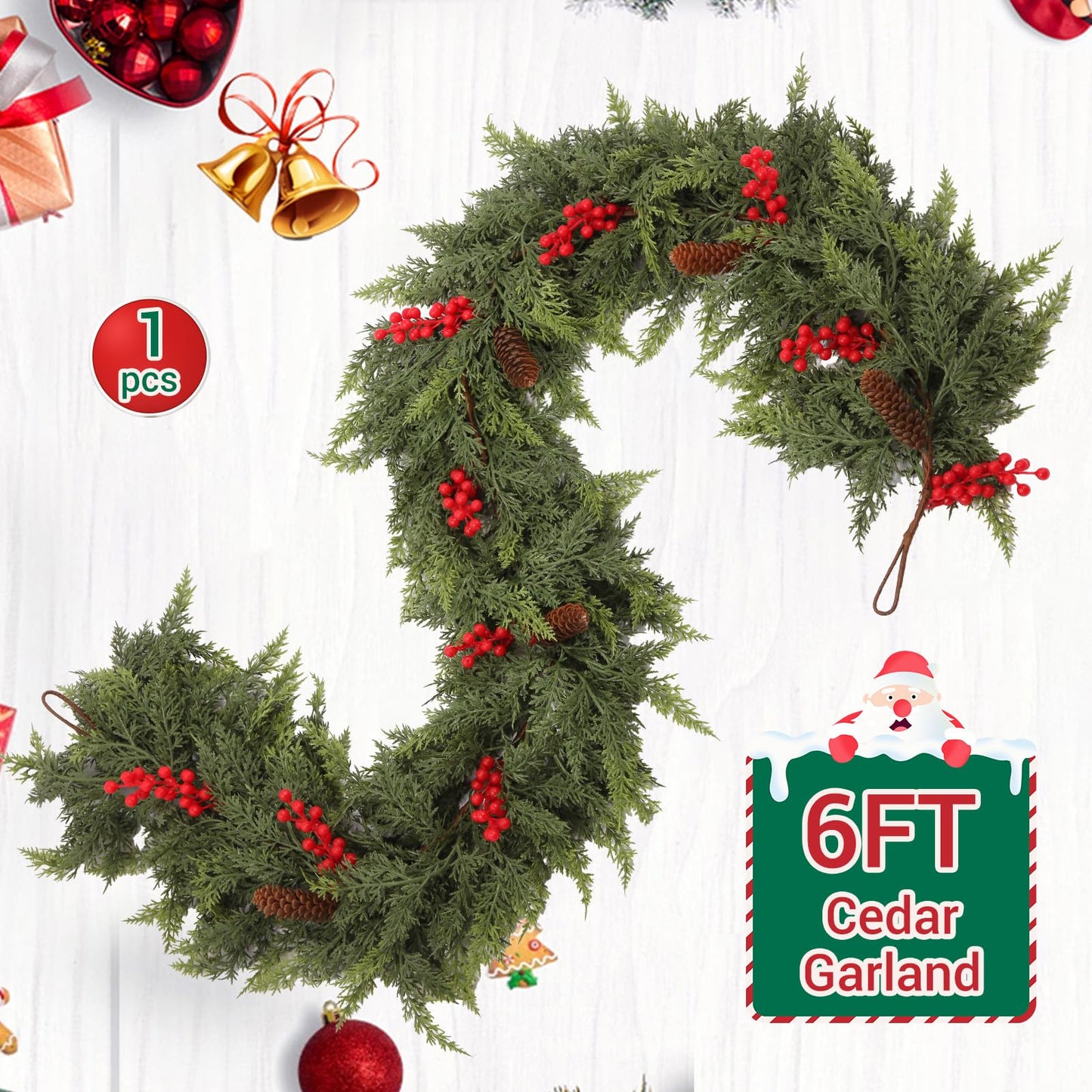 6ft Christmas Cedar Garland with Artificial Red Fruits and Pine Cones, Soft and Thick, Faux Greenery Cedar Garland, Suitable for Home Dining Table, Mantel, Porch Winter Christmas Decoration (6FT)