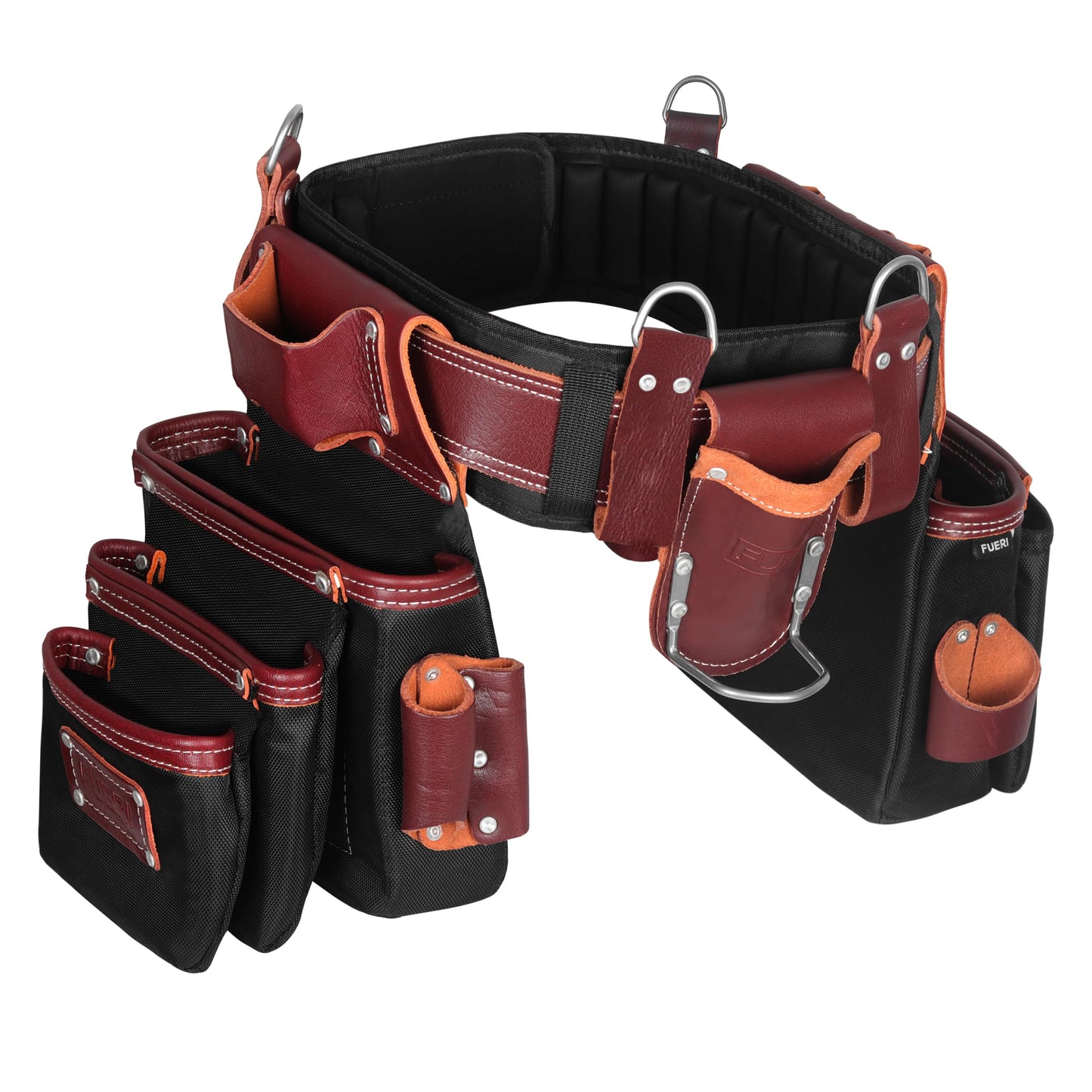 FUERI Electrician's Heavy Duty 26 Pocket Leather-Nylon Tool Belt & Suspender Combo, Comfort Back Support Padded Belt, 2 Large Storage Capacity Pouches, Best for Framers, Carpenter, Roofing