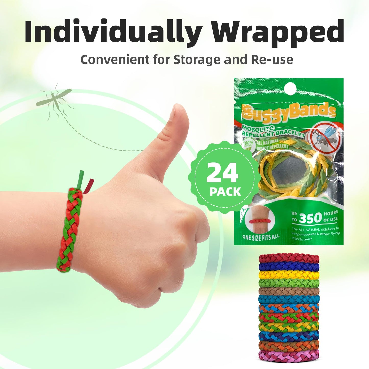 BuggyBands 24 Pack Mosquito Repellent Bracelets for Adults & Kids, DEET-Free, Individually Wrapped, Adjustable PU Leather Bug Repellent Wrist Bands