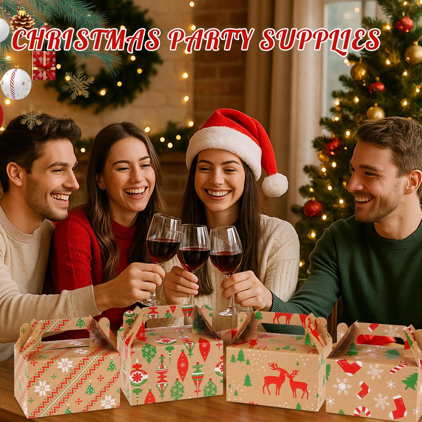 Fuyoooo 36 Pcs Christmas Gift Treat Boxes Xmas Kraft Boxes Holiday Cookies Goodie Candy Box with Handles Red Green Paper Container for Xmas Birthday Party Supplies