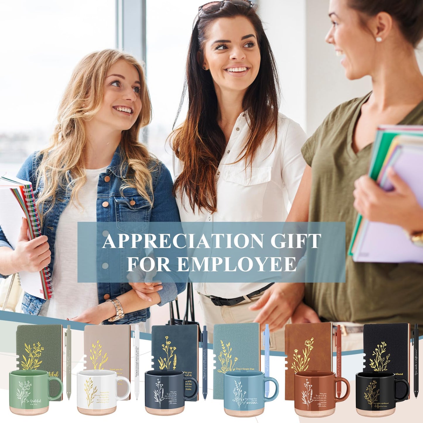 Didaey 6 Sets Employee Appreciation Gifts Set 13oz Boho Floral Ceramics Coffee Mugs with A6 Leather Notebooks Ballpoint Pens Bulk Office Thank You Gift for Coworkers Staff Team Nurse