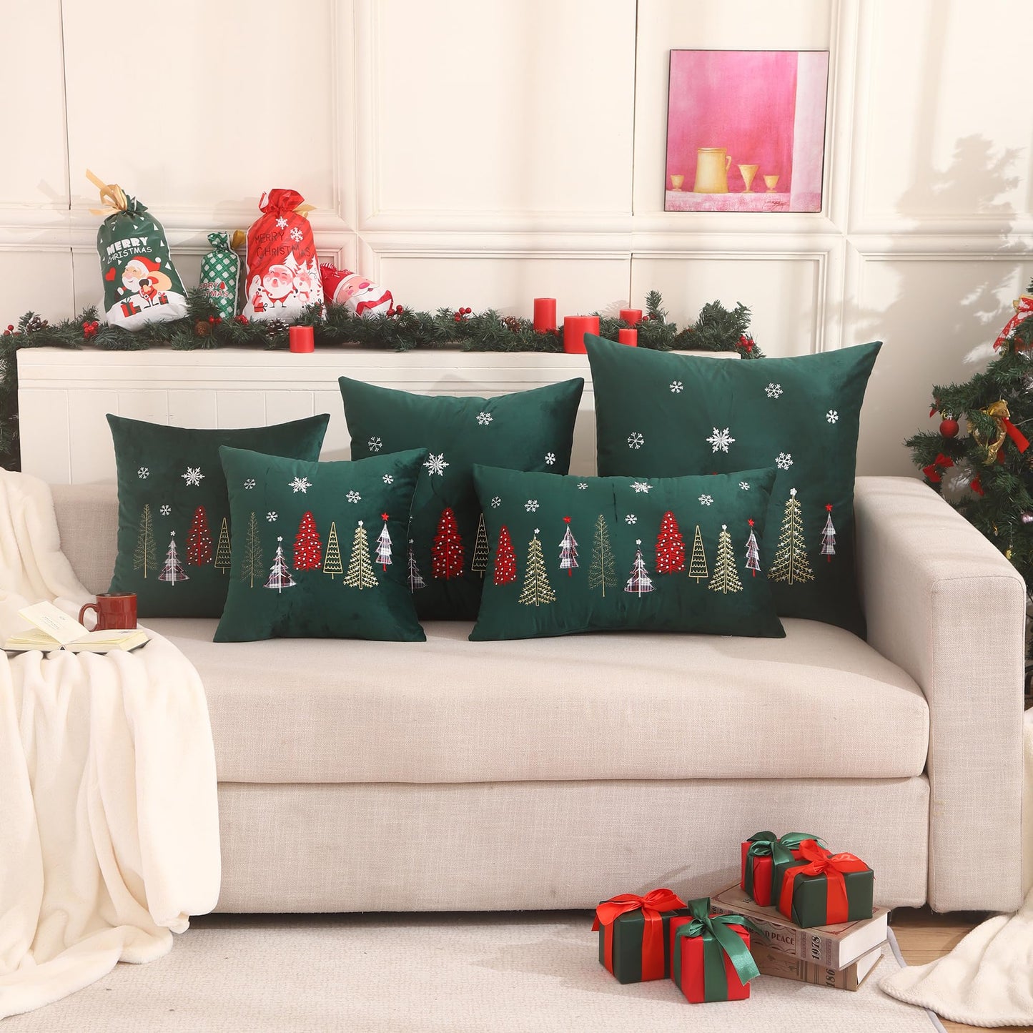 Tosleo Christmas Pillow Covers 18x18 Set of 2 Xmas Trees with Snowflake Embroidery Throw Pillow Covers Christmas Dec Velvet Pillowcases Forest Green Cushion Pillow Cases Soft Square Holiday Pillowcase