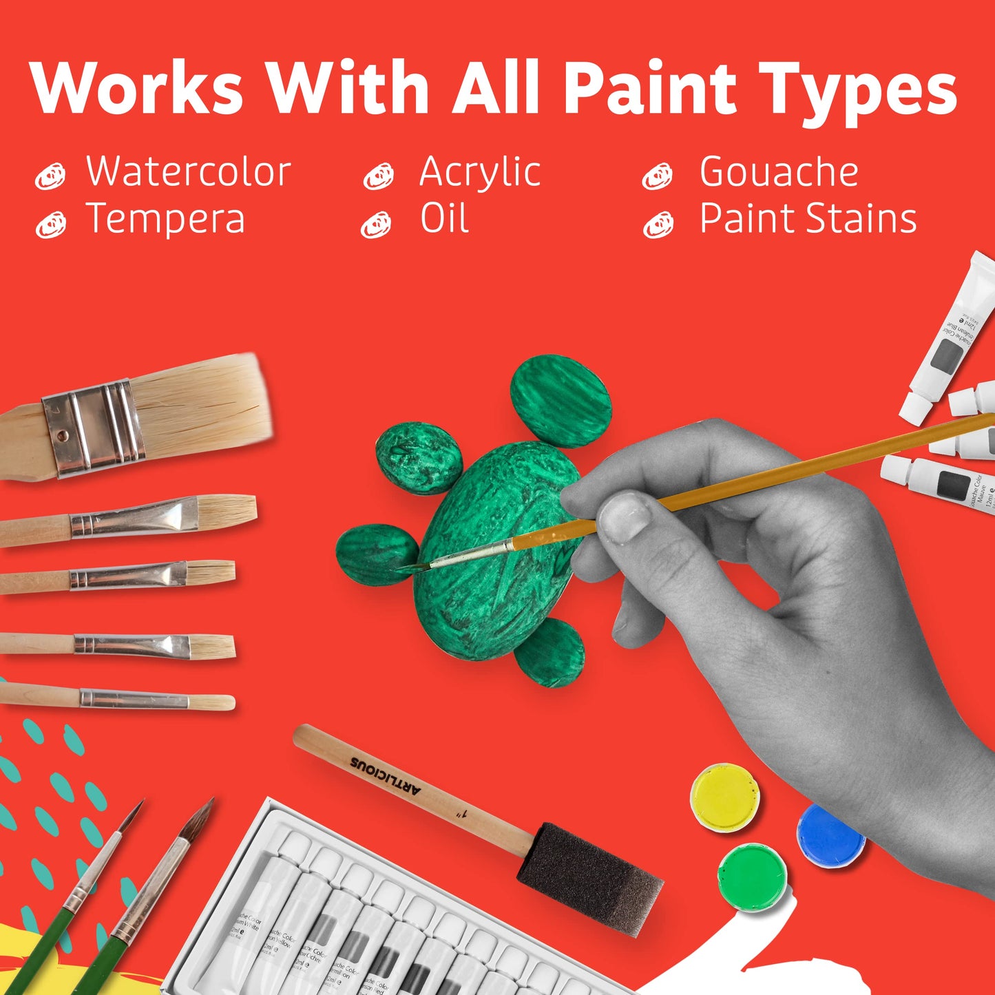 Artlicious Foam Brushes Wood Handle Paint Brush Set - Use with Craft, Watercolor, Oil, Gouache Paints, Face Art, Washable Paints, Miniature Detailing and Rock Painting