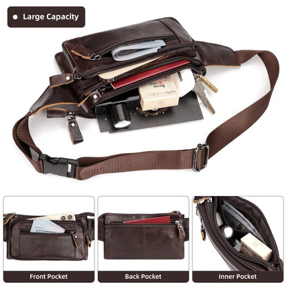 Soft Genuine Leather Fanny Pack for Men Women, Belt Bag Waist Packs Small Sling Crossbody Bag with Adjustable Strap for Travel Sport Walk (Coffee)