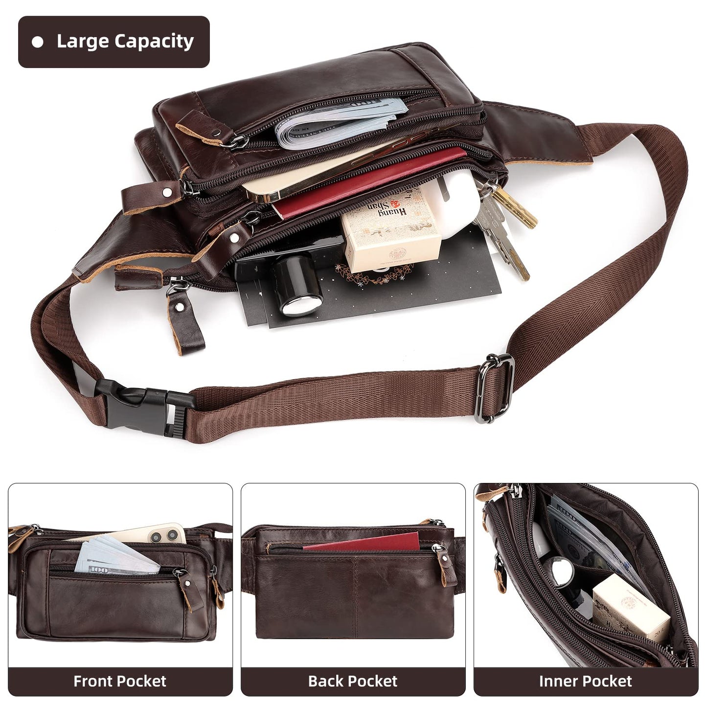 HUMERPAUL Leather Fanny Pack for Men Women, Fashion Waist Packs Small Crossbody Chest Bag with Adjustable Belt for Outdoor Travel Hiking Cycling