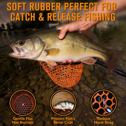 Dovesun Rubber Fishing Landing Nets Telescopic Handle Nets Folding Nets with Collapsible Handle for Catch & Release Fishing Gift 17.6" dia-13.7" Depth Orange