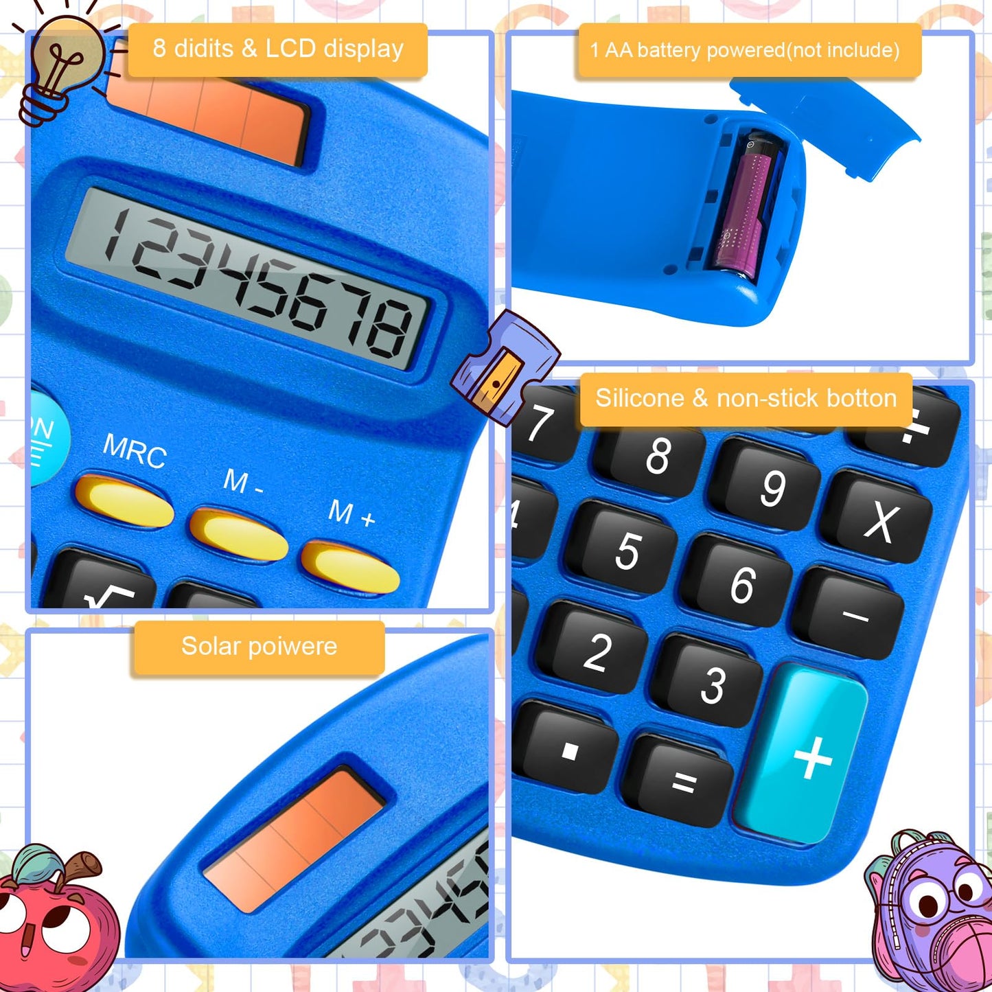 24 Packs Pocket Size Mini Blue Calculator Basic Calculators for Handheld Angled Students 8 Digit Display Solar Battery Dual Power Small Calculator for Students Kids Home Office