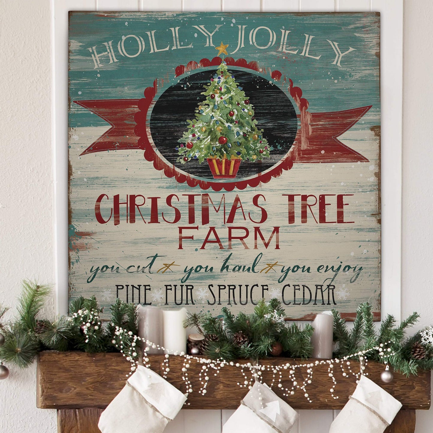 Christmas & Holiday Canvas Wall Art- Winter Christmas Tree Snowman Snow Santa Elves Decor- Ready to Hang - Tannenbaum (24x24)