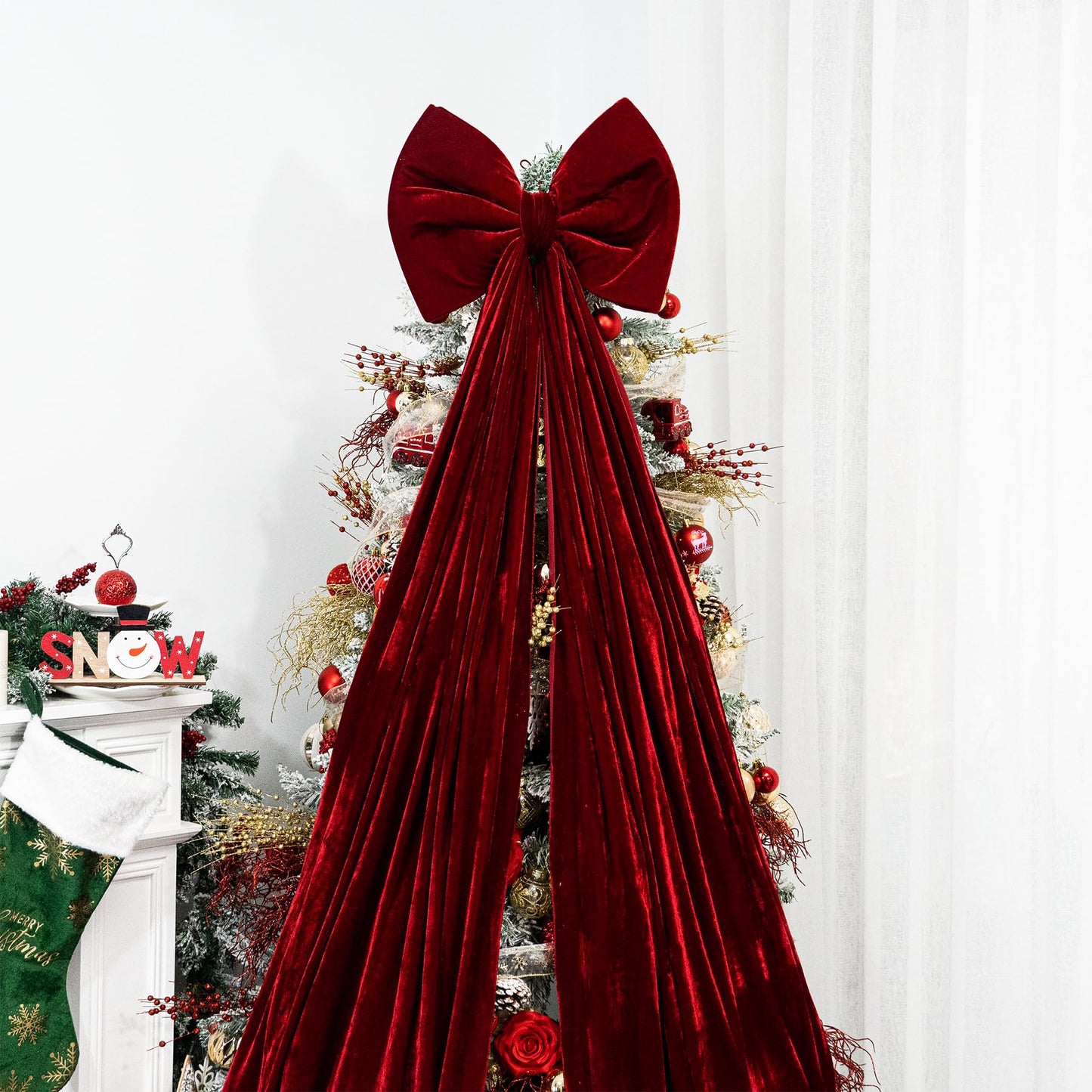 Hismir Christmas Tree Topper Bow，67x16 Inch Velvet Extra Large Room Decor Ribbon Bow for Wedding Engagement Birthday Party，Giant Xmas Bow Decorations for Home Wreath Door Wall(Burgundy)