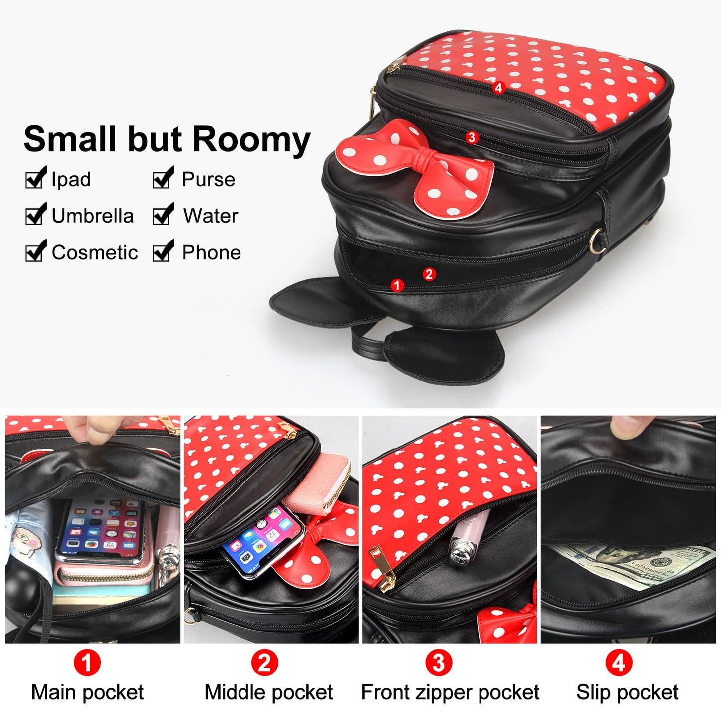 Dksyee Cute Red Backpack for Girl Bowknot Polka Dot Mini Mouse Leather Backpacks for Toddler Little Girl Backpack Kids Small Travel Backpacks Convertible Shoulder Bag Purse for Children Daypack
