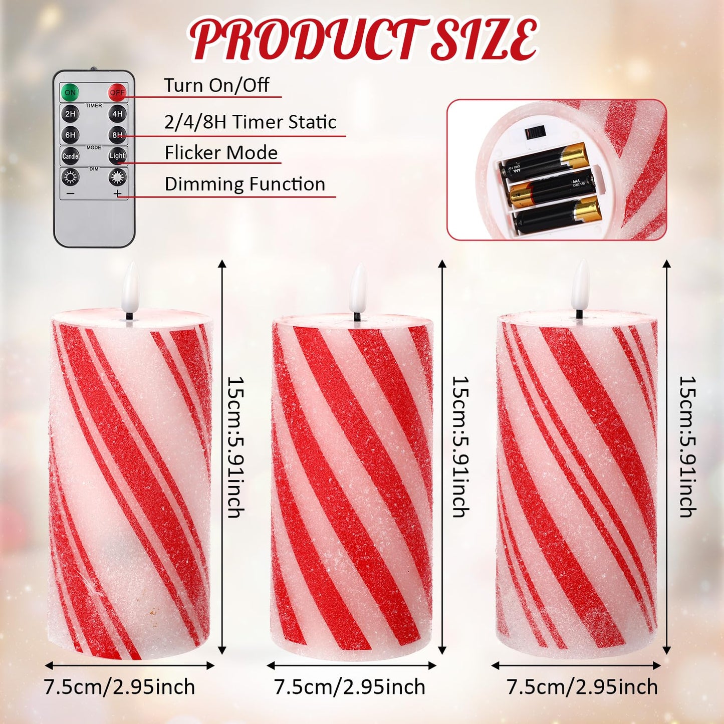 Glooglitter Set of 3 Christmas Flameless LED Candle Frosting Candy Cane Stripe Holiday Pillar Taper Moving Candles Battery Operated Flame Candle with Remote Control for Home Xmas Wedding Decoration