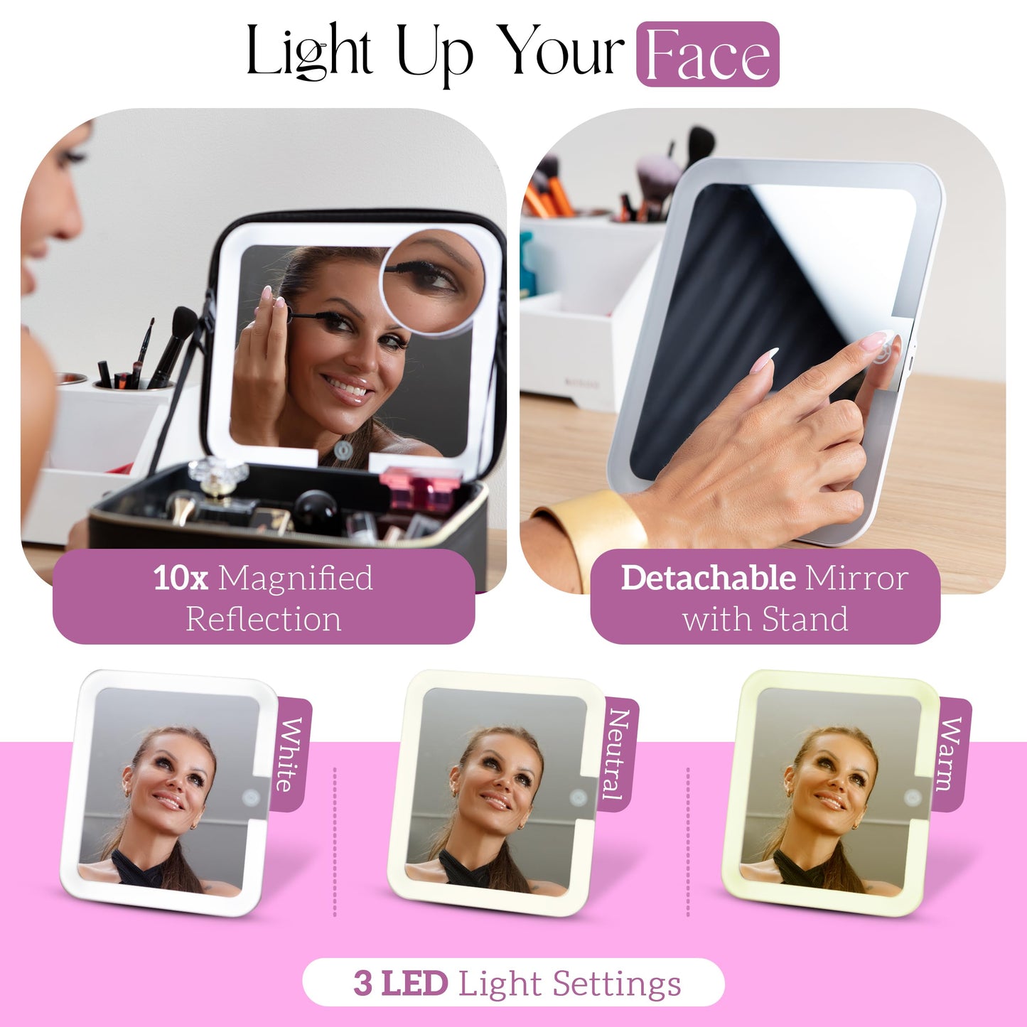 Girl About Town Travel Makeup Bag with LED Mirror - LED Makeup Bag with 10x Magnifier Mirror and Beauty Blender Included - Water-Resistant & Customizable Makeup Case with Lighted Mirror