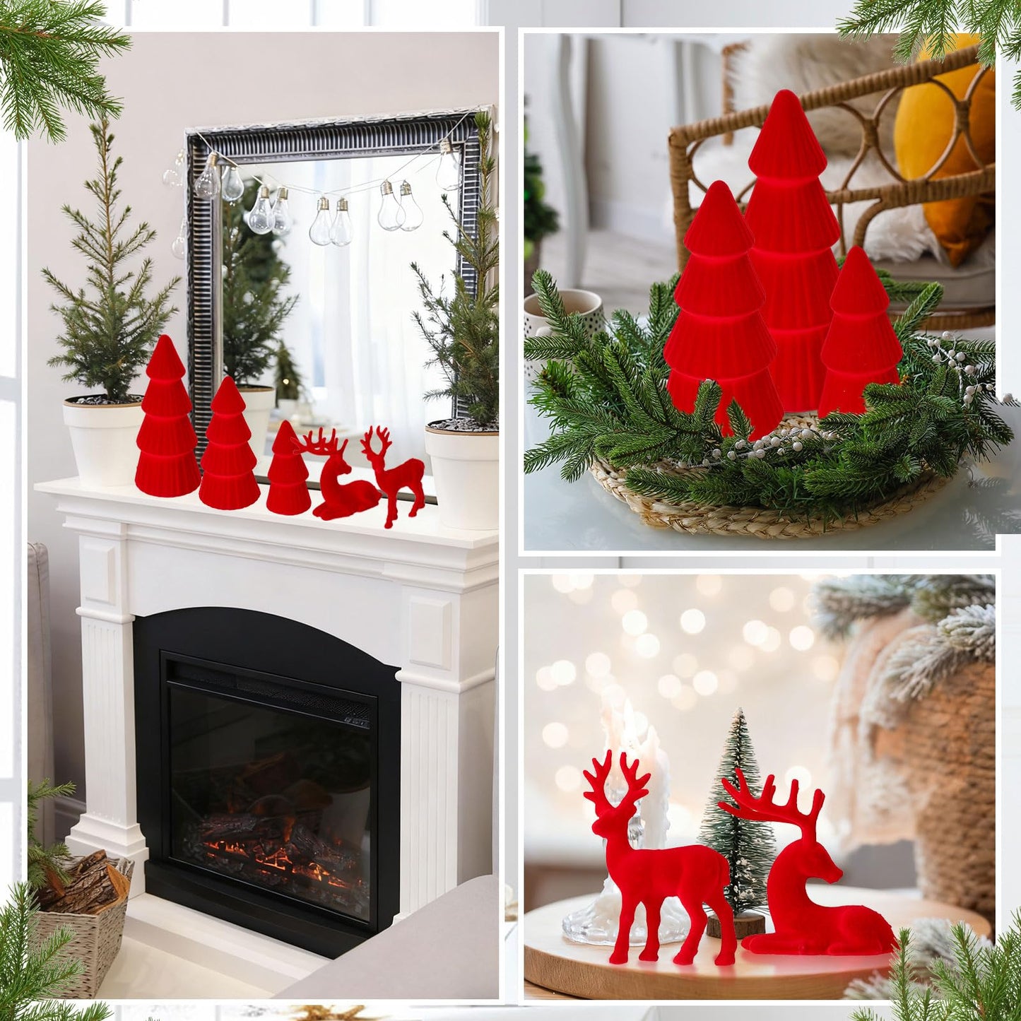 Amyhill 5 Pack Christmas Velvet Reindeer & Tree Decor Christmas Reindeer Decor Tree Figurine for Indoor Home Decoration Tabletop Mantle Cabinet Desktop Office(Red)