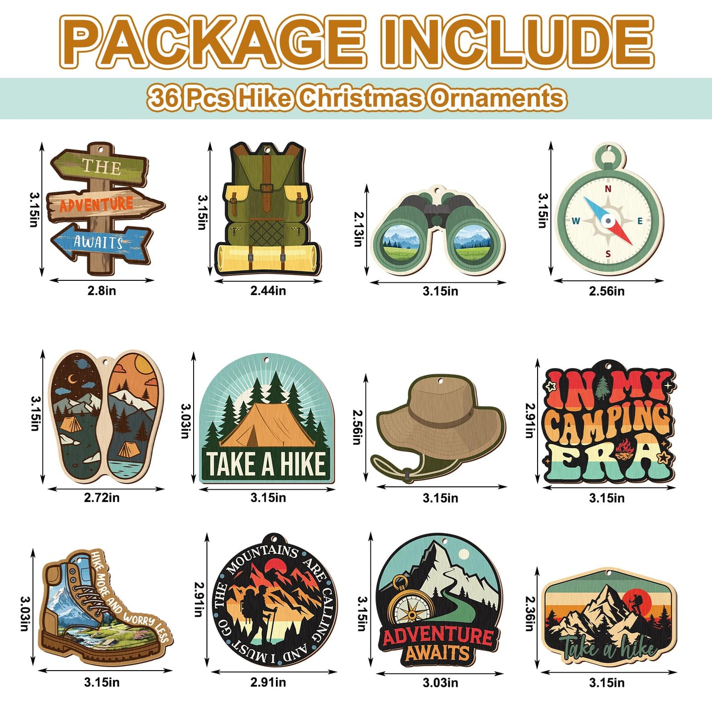 Vercraft 36 Pcs Hiking Ornaments for Christmas Tree - Double-Sided Printing Wooden Outdoorsy Nature Mountain Adventure Backpacking Gifts 2025 for Hikers Campers Men Women
