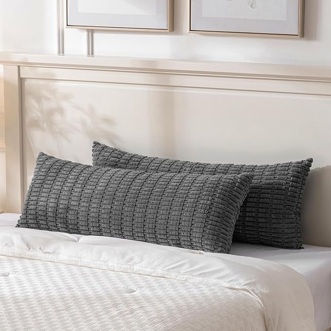 Fancy Homi Dark Grey Long Body Lumbar Decorative Throw Pillow Covers 20x54 Inch for Bed Couch Bedroom Bench, Soft Corduroy Rectangle Solid Pillow Case, Rustic Farmhouse Boho Room Decor